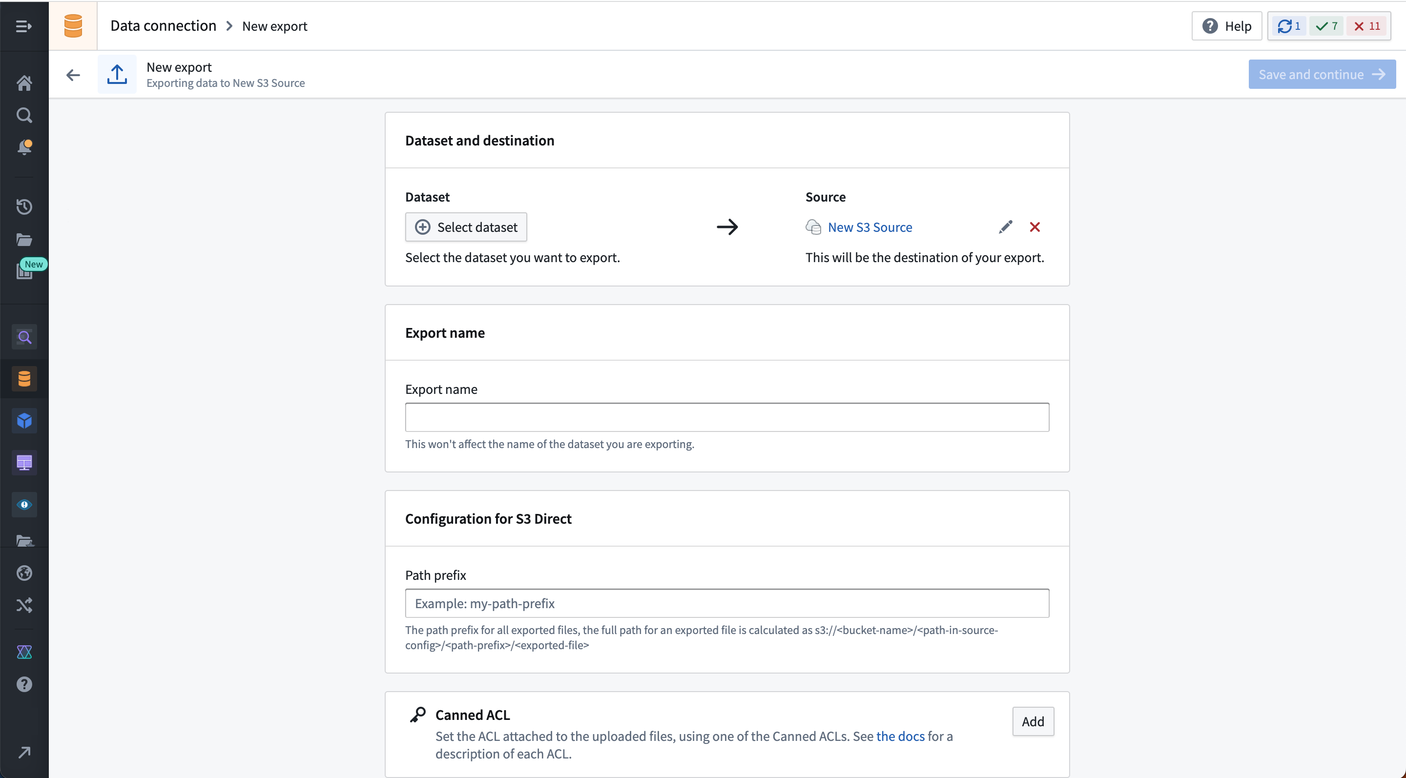 The S3 source export configuration page. Available configurations include the dataset and destination for export, the export name, and source-specific settings.