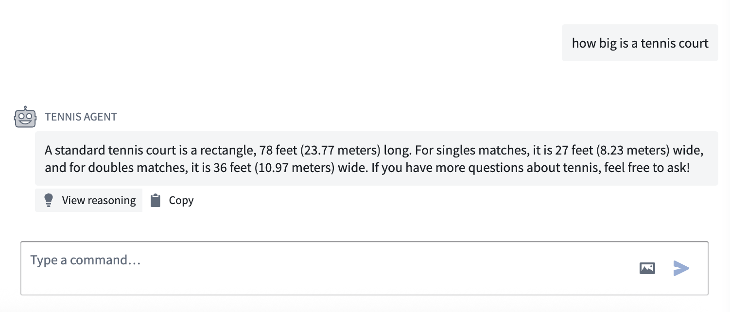 We ask the agent a tennis-related question to the AIP agent to test our setup.