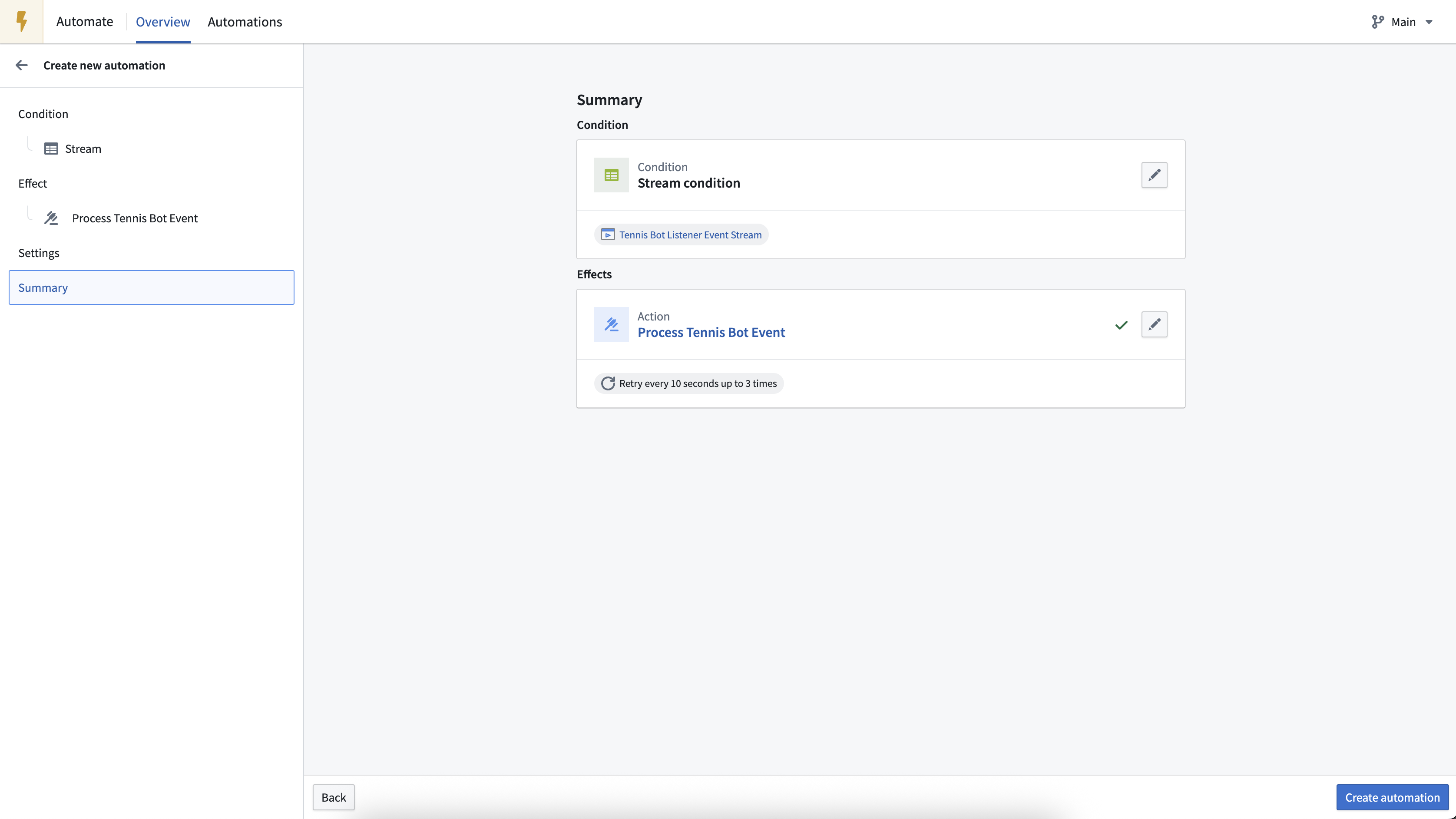 A summary of the created automation is shown.
