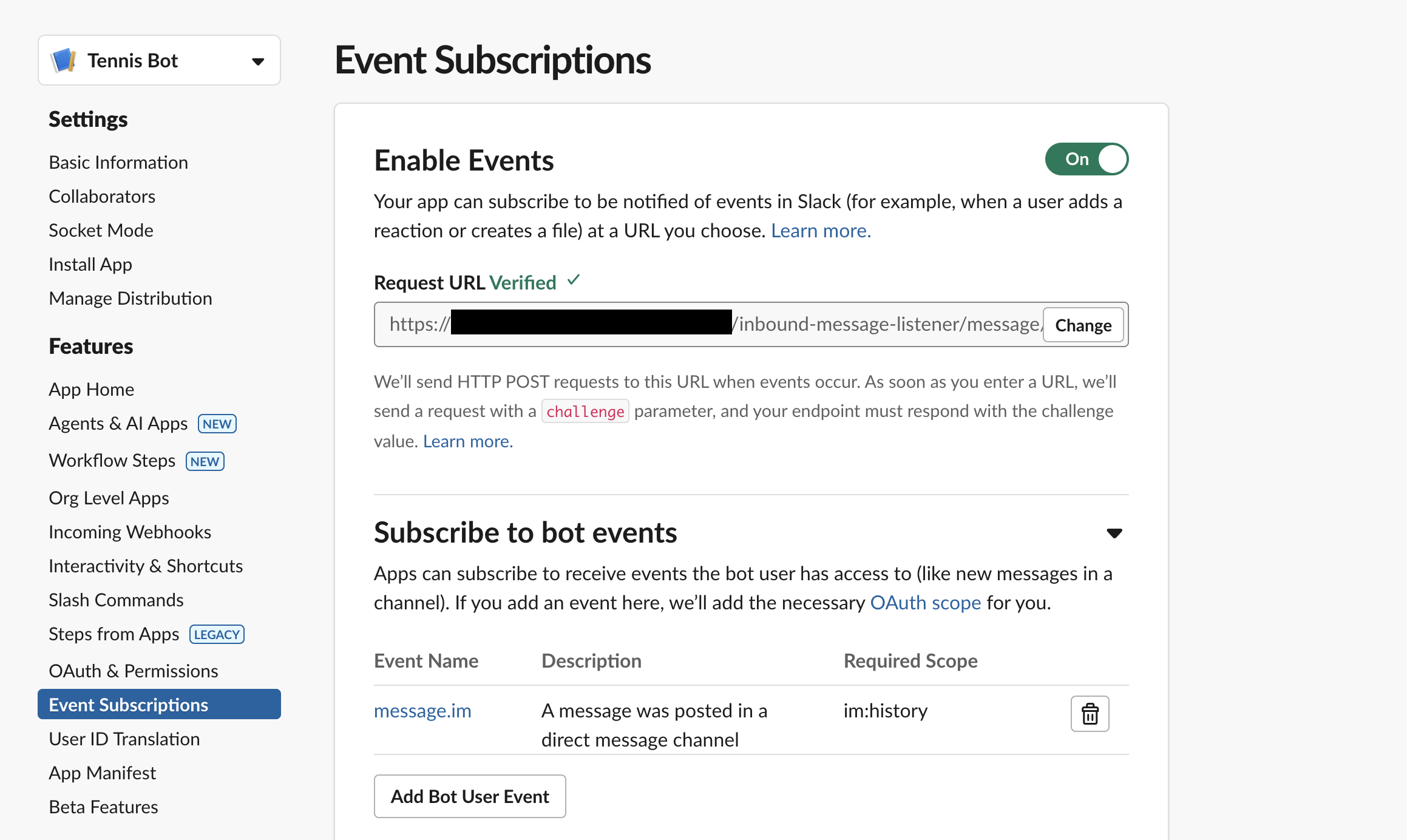Slack Events API configuration show.