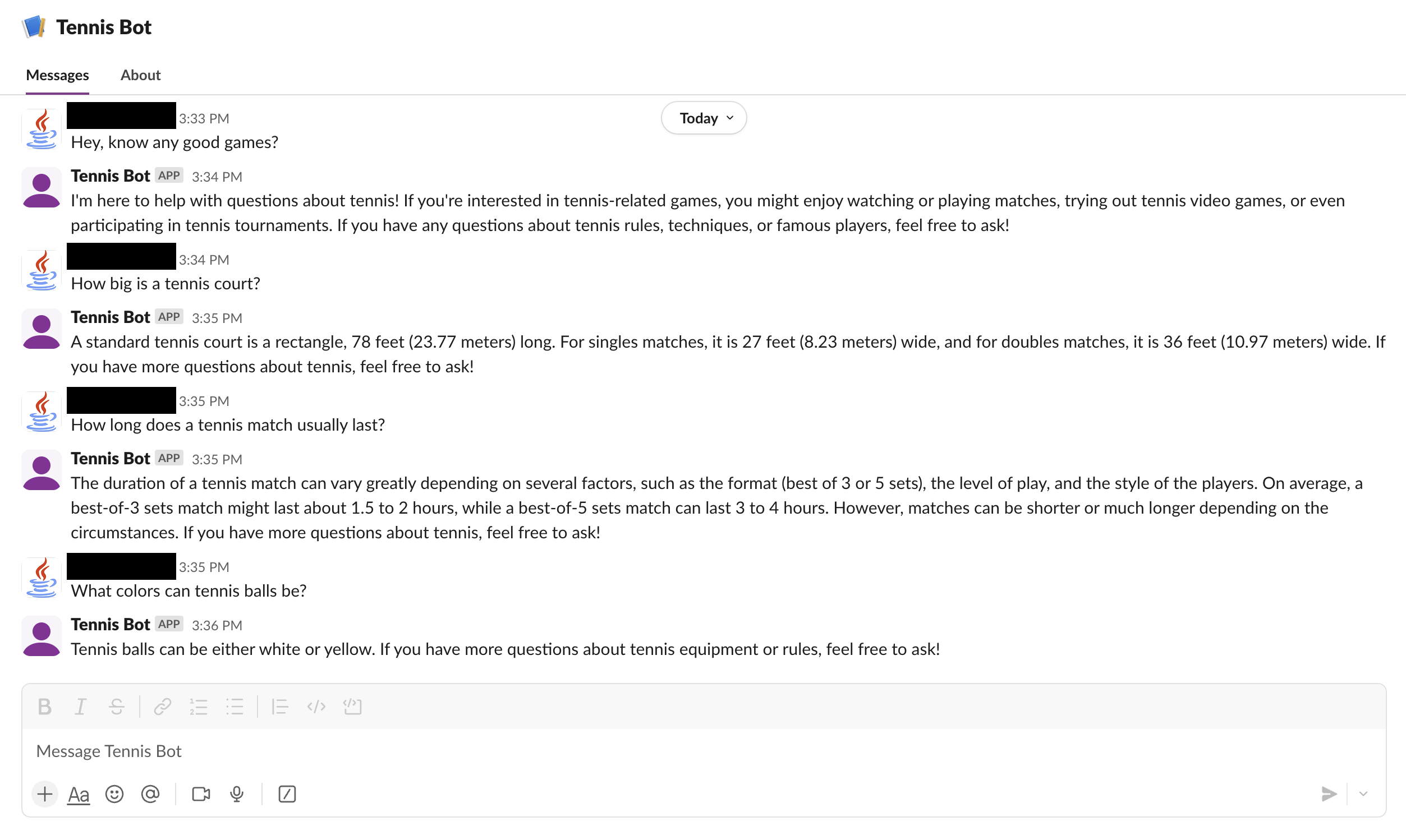 A conversation is shown between a user and the created Slack bot.