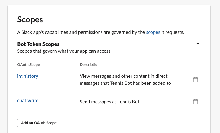 Slack app OAuth scopes configuration shown.