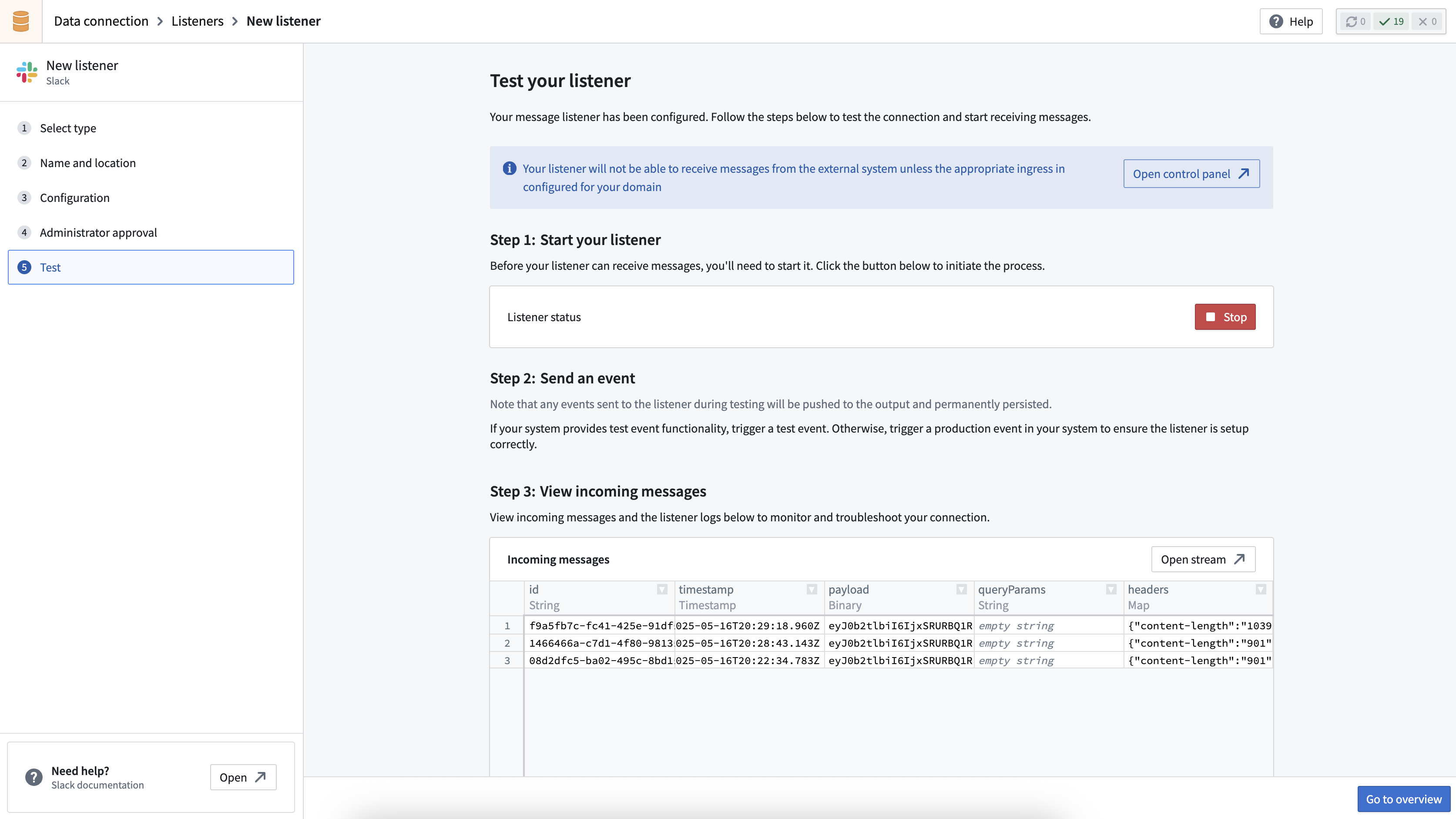 Event shown in the test panel for the Slack listener in Data Connection.