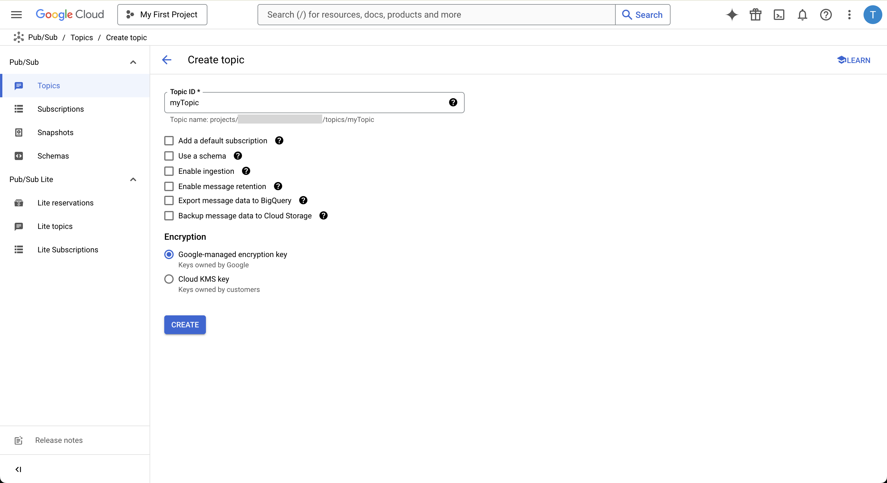 In the Google Cloud interface, create a new Pub/Sub topic.