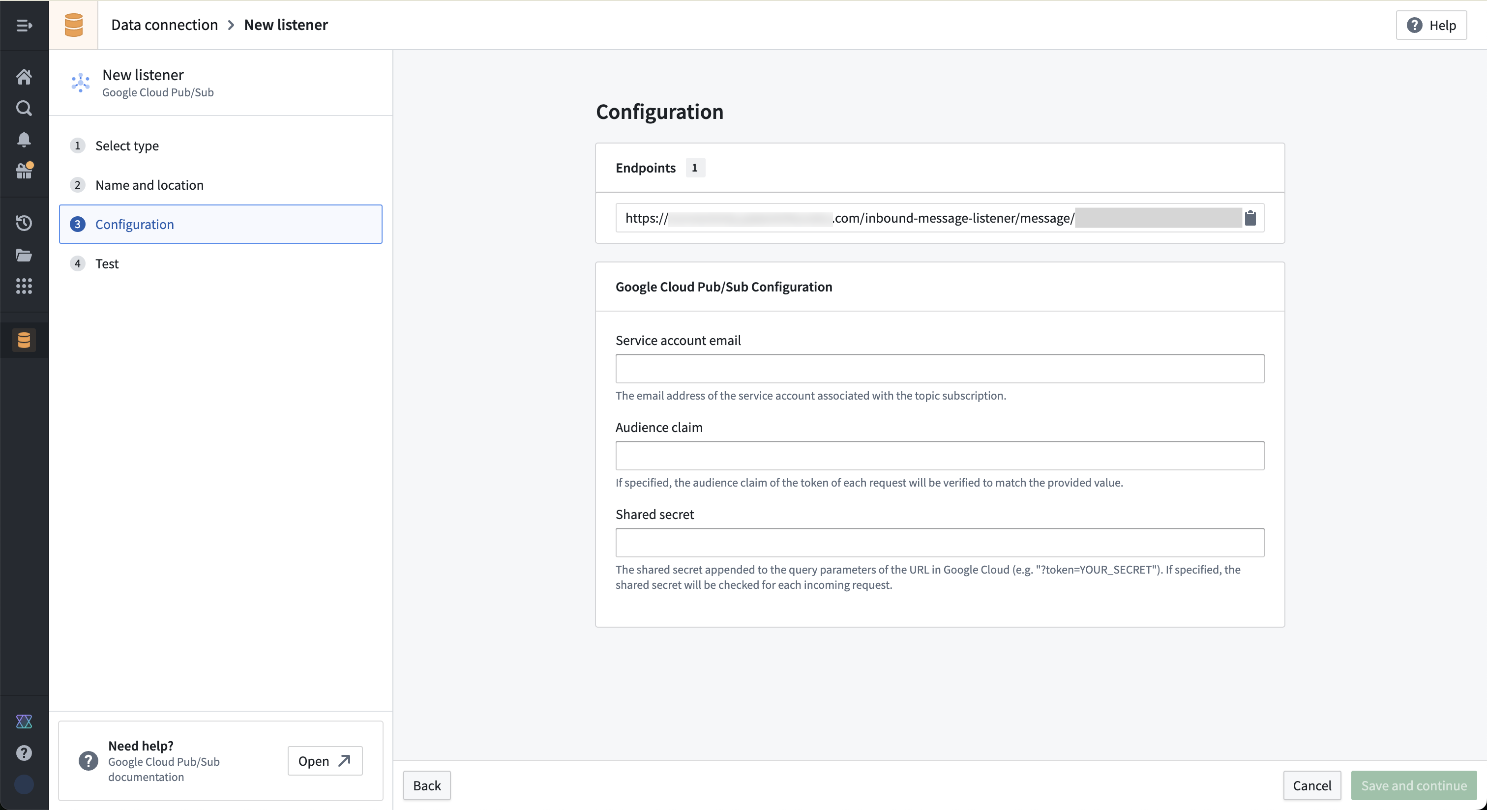 Google Cloud Pub/Sub listener configuration page in Data Connection.