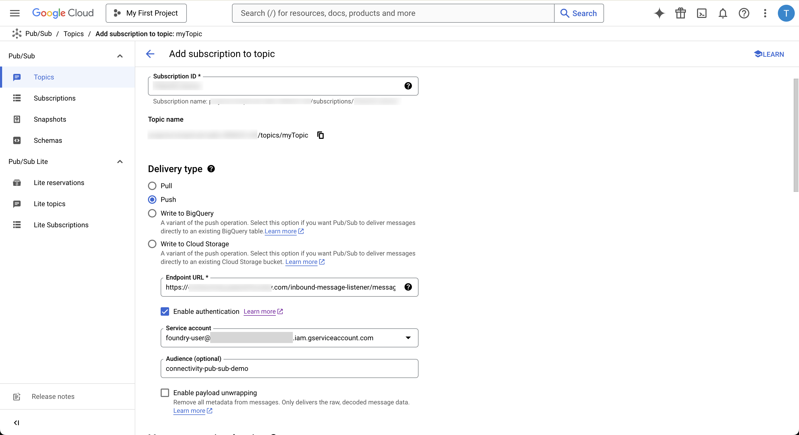 Google Cloud Pub/Sub Add subscription to topic page with sample configuration values.