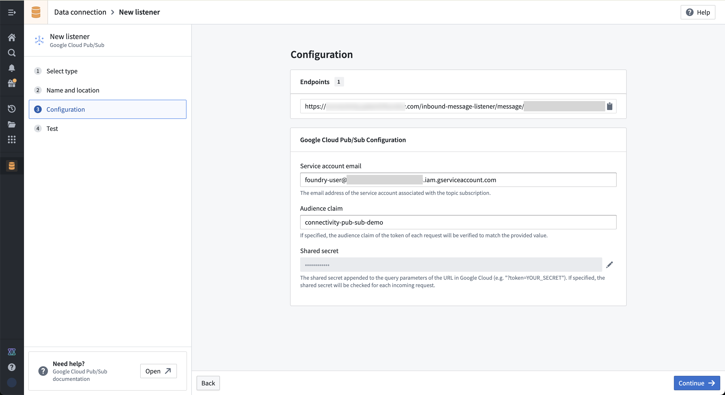 Google Cloud Pub/Sub Add subscription to topic page with sample configuration values.
