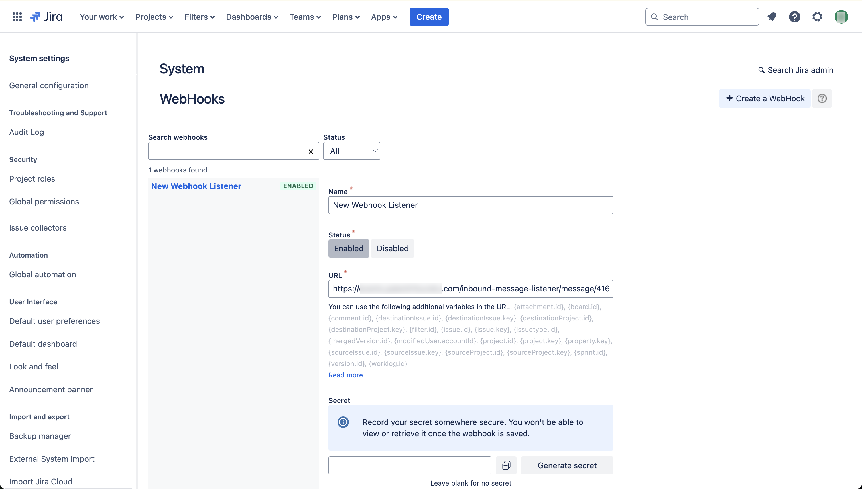 Screen after selecting "Create a WebHook" option.
