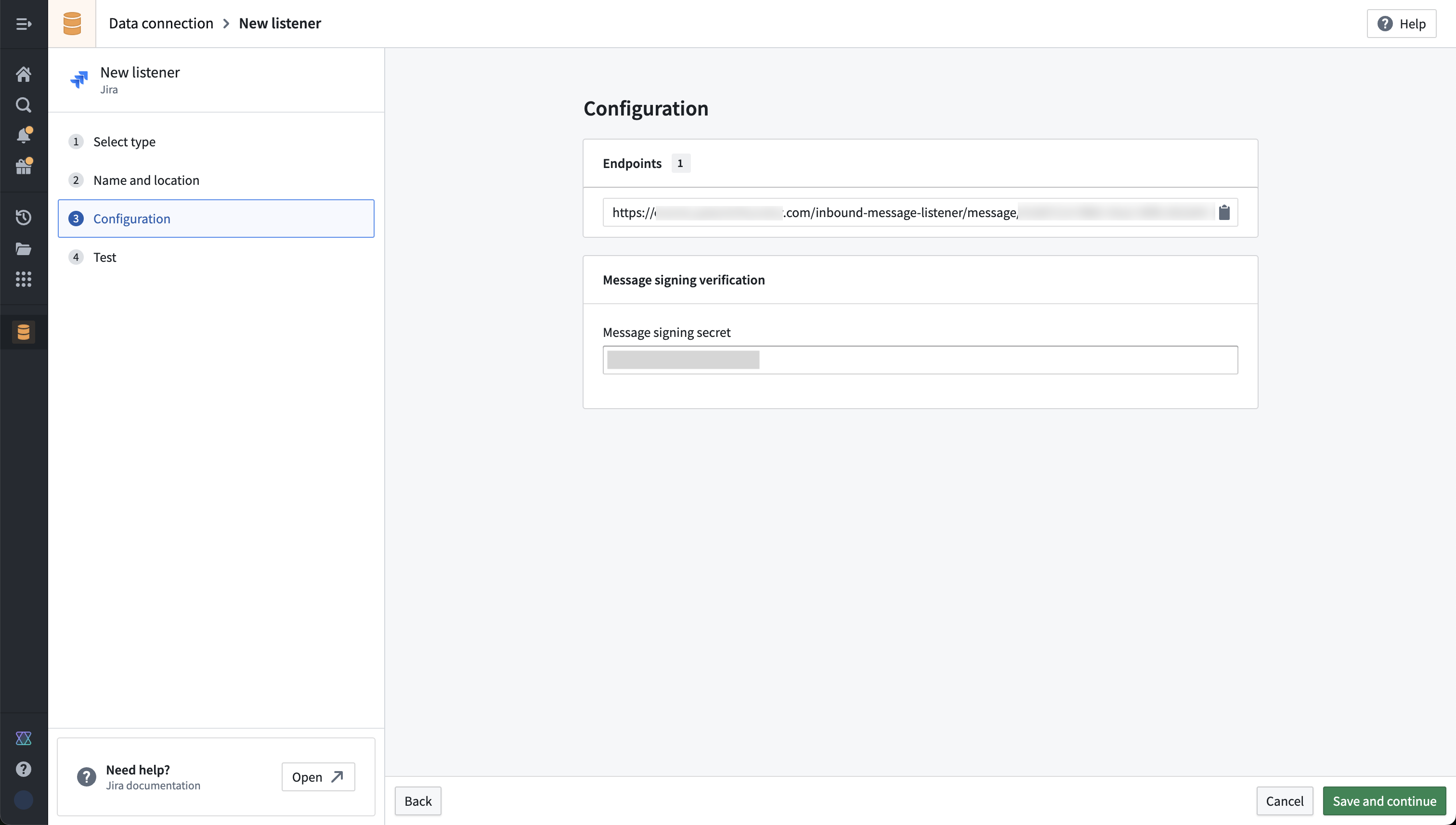 Palantir new listener configuration page.