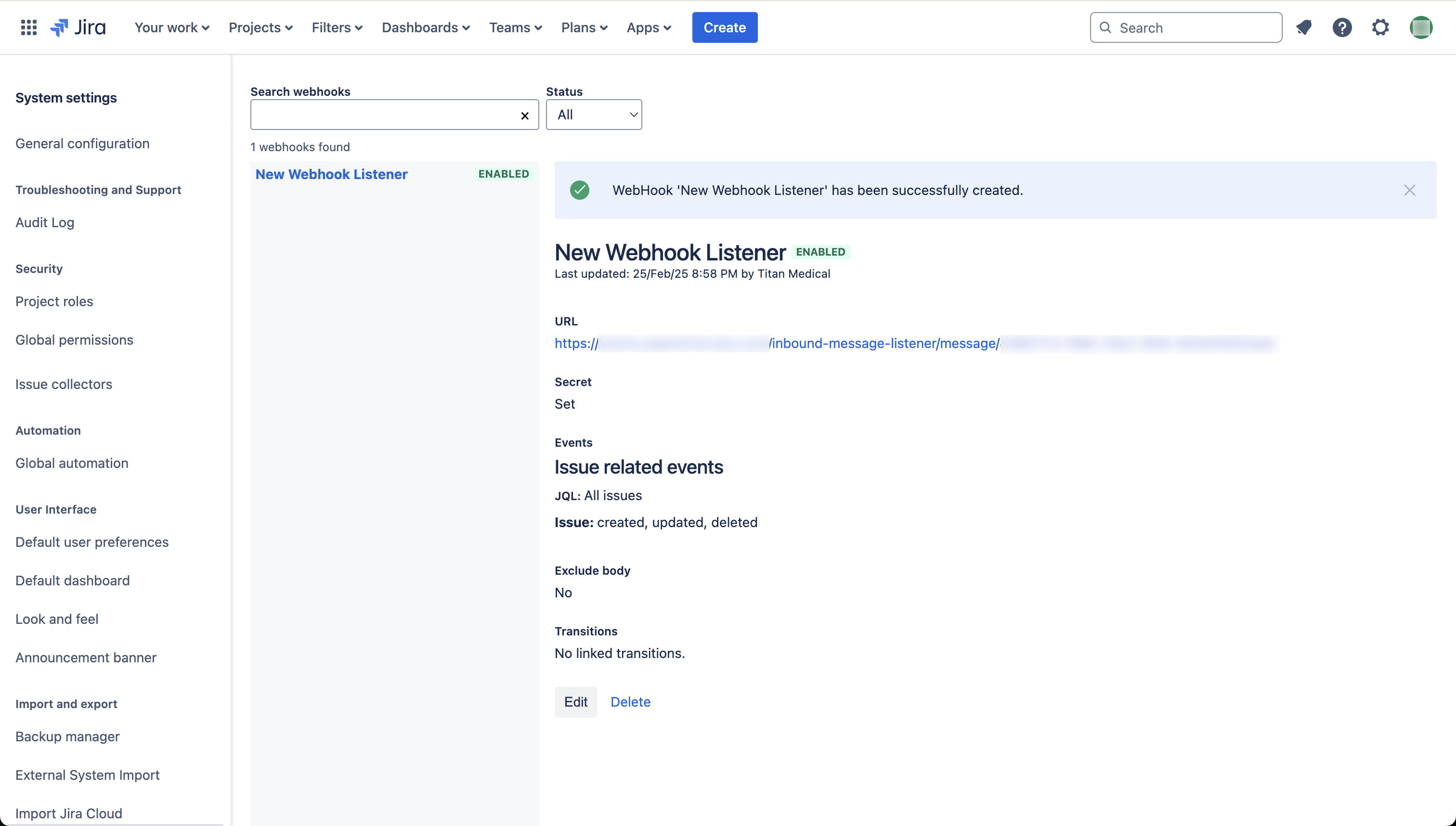 Jira page showing new WebHook listener.