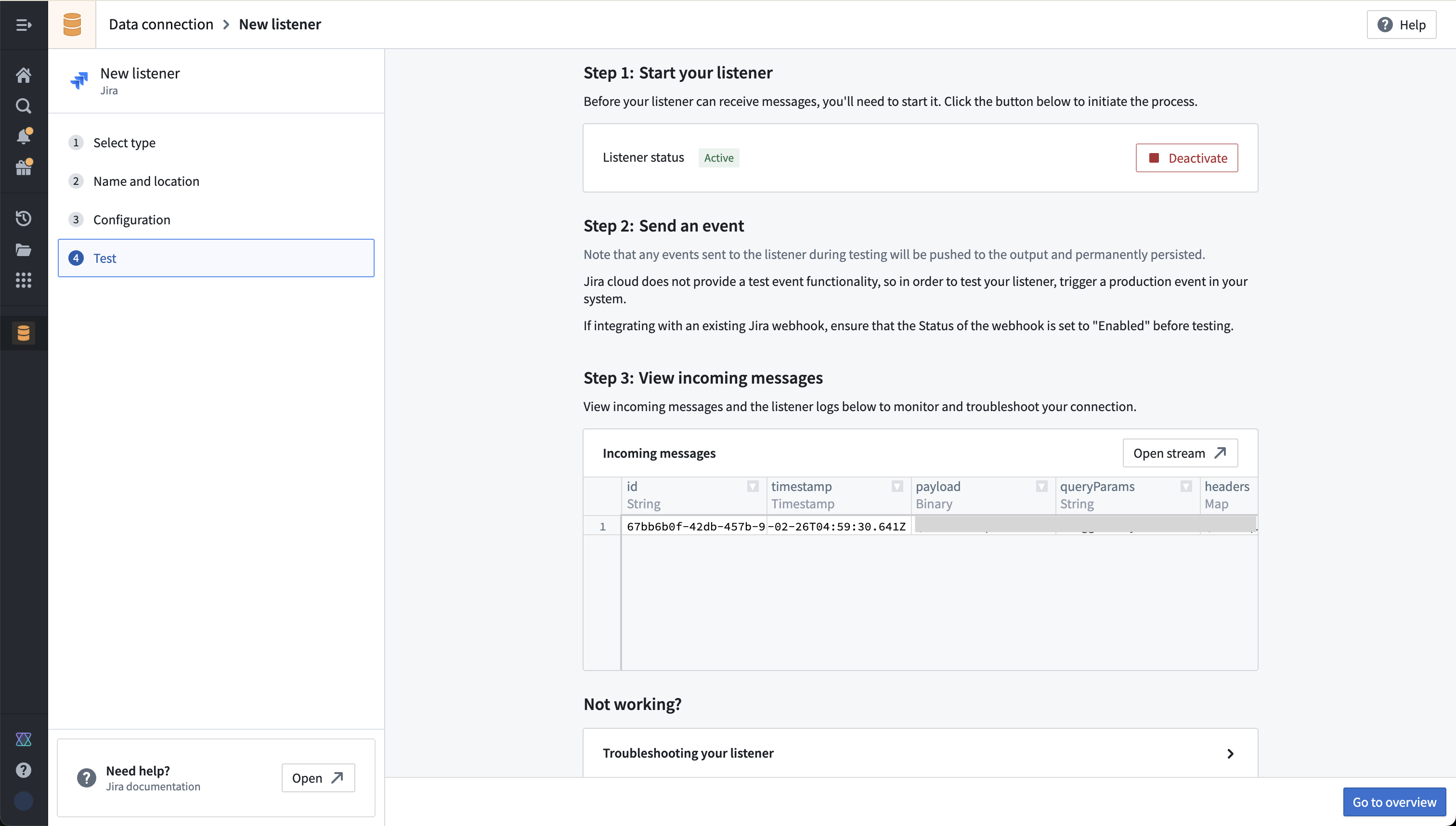 Activating your listener in the Palantir platform.