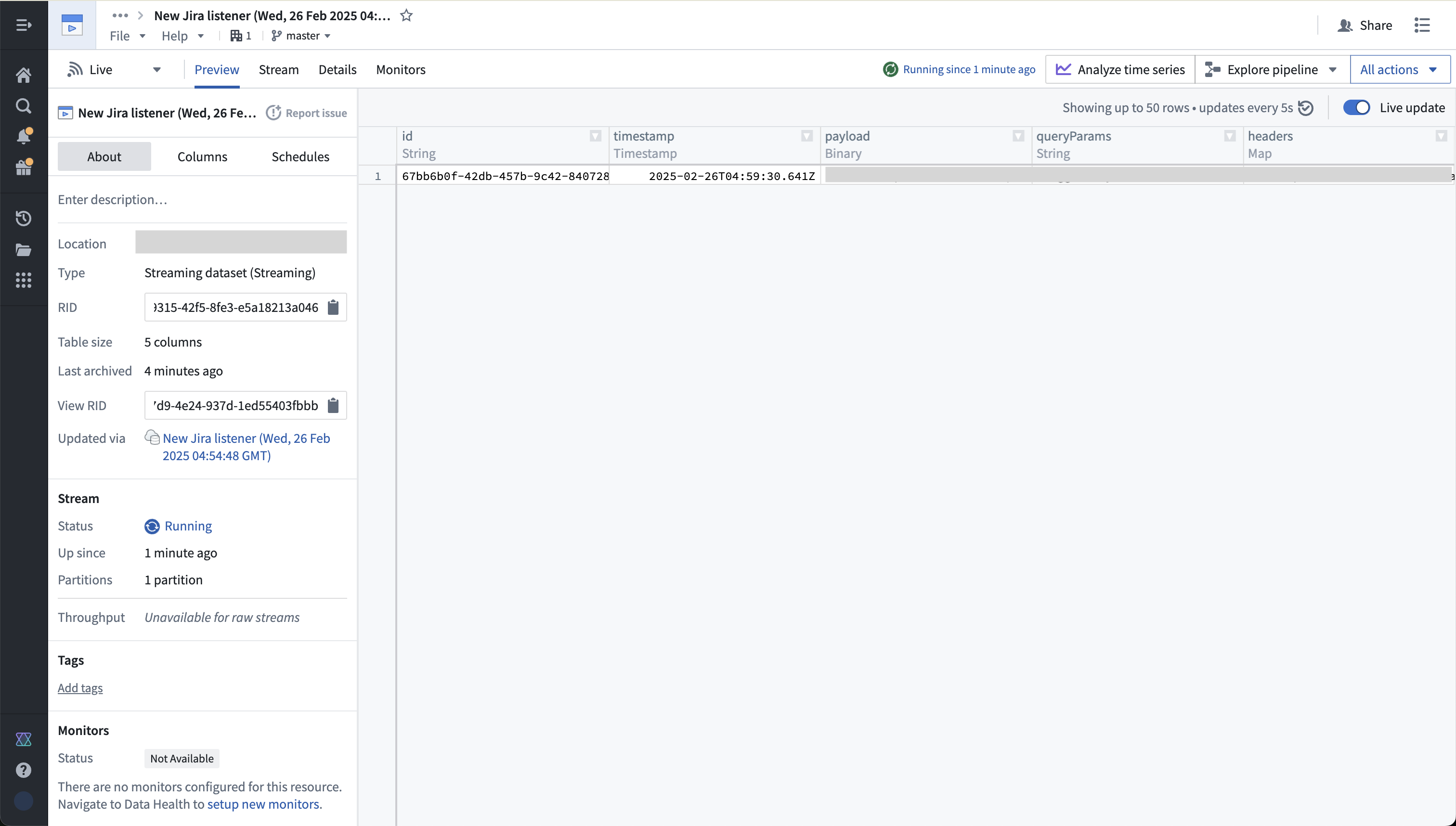 Testing the listener within the Palantir platform with an event.