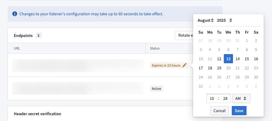 In the listener's endpoint table, endpoint expirations can be modified.