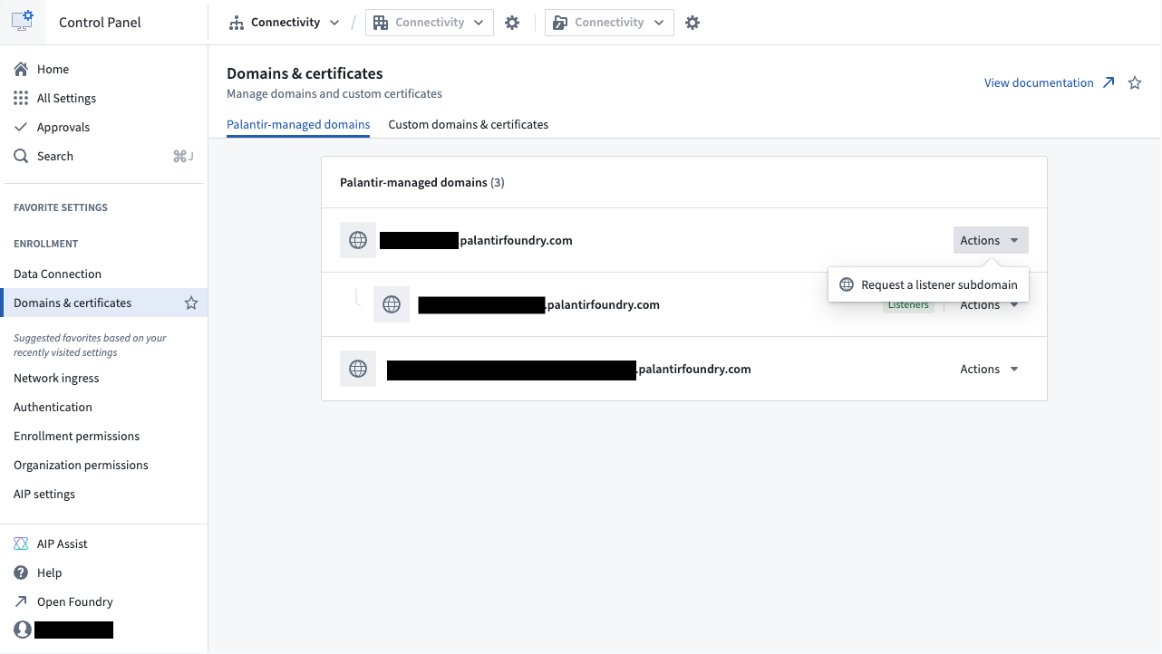 Request a new listener subdomain in Control Panel.