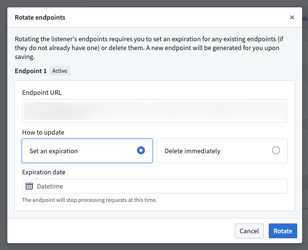 The modal for configuring the endpoint rotation.