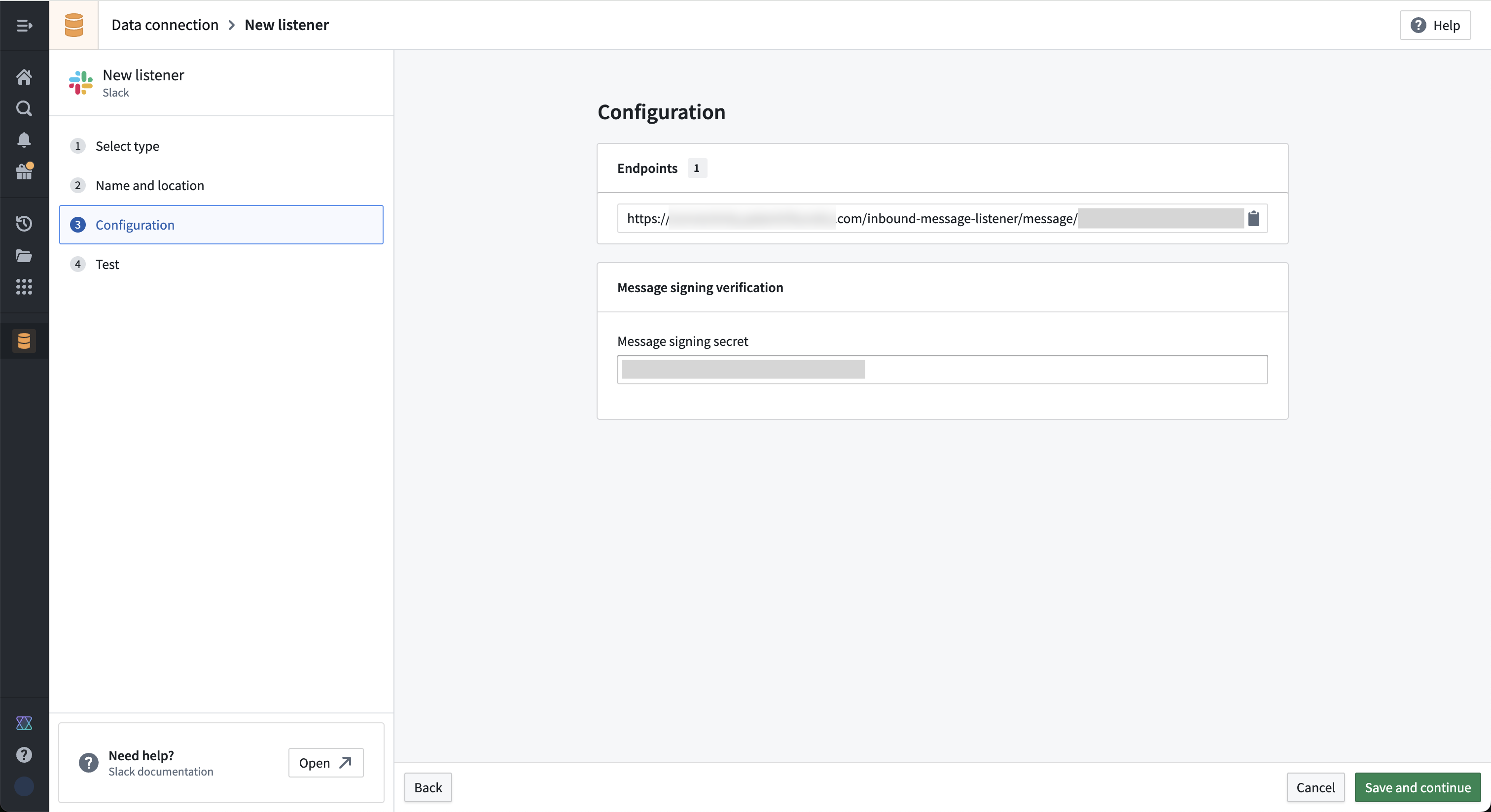 In the Palantir platform, navigate to the configuration page and enter the message signing secret.