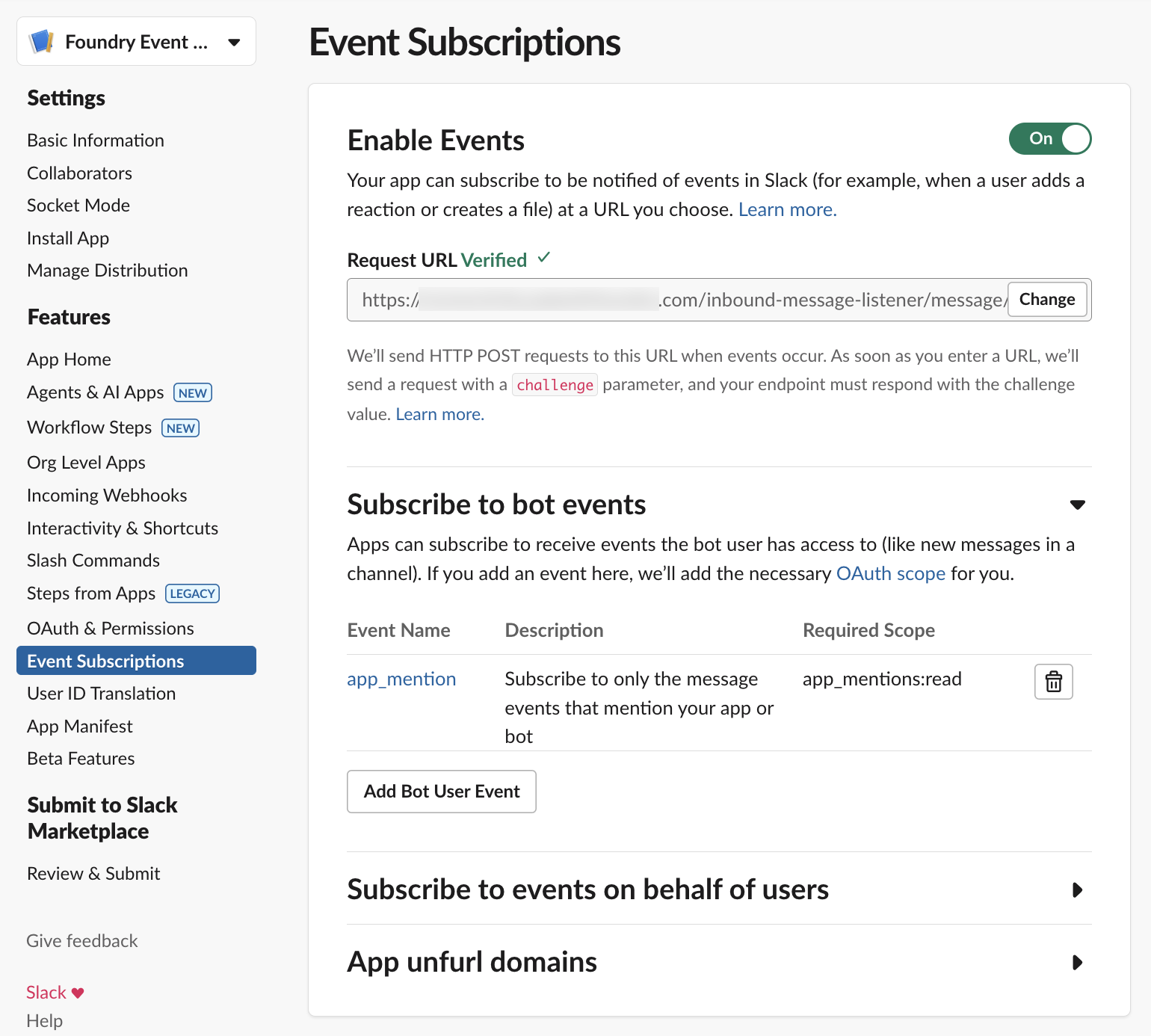 Slack's Event Subscriptions page to toggle on events.