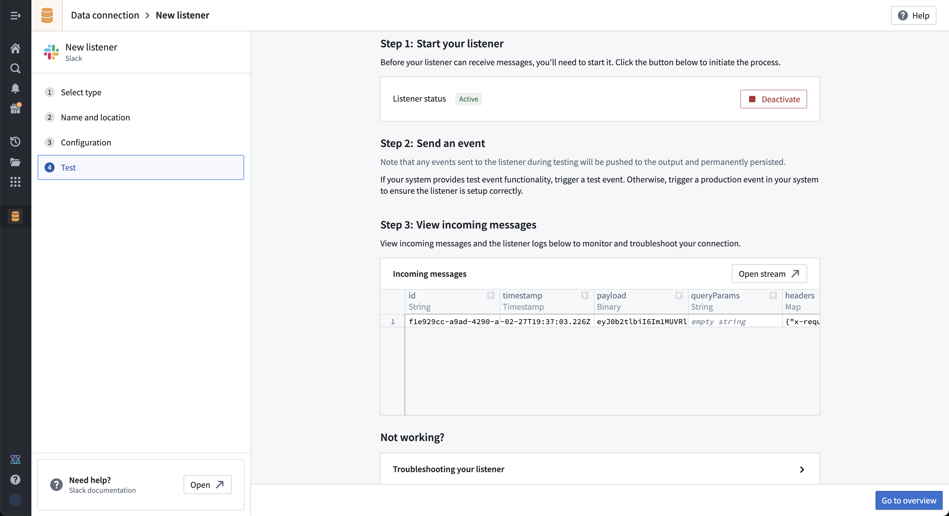 Event shown in the test panel for the Slack listener in Data Connection.