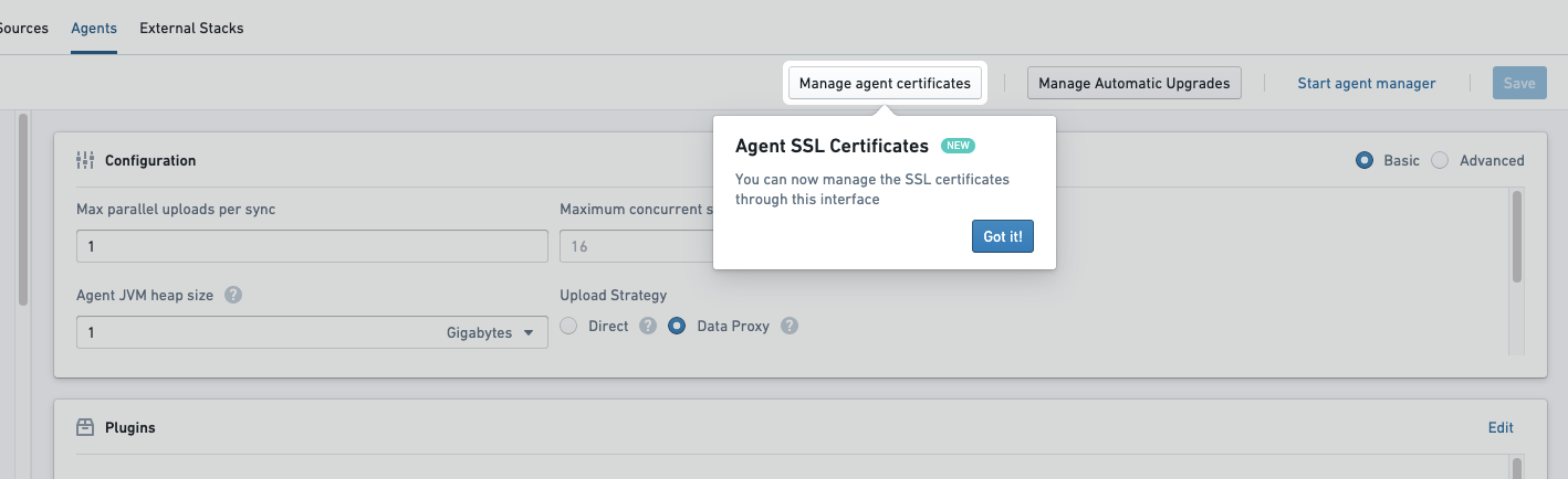 Manage agent certificates in Data Connection.