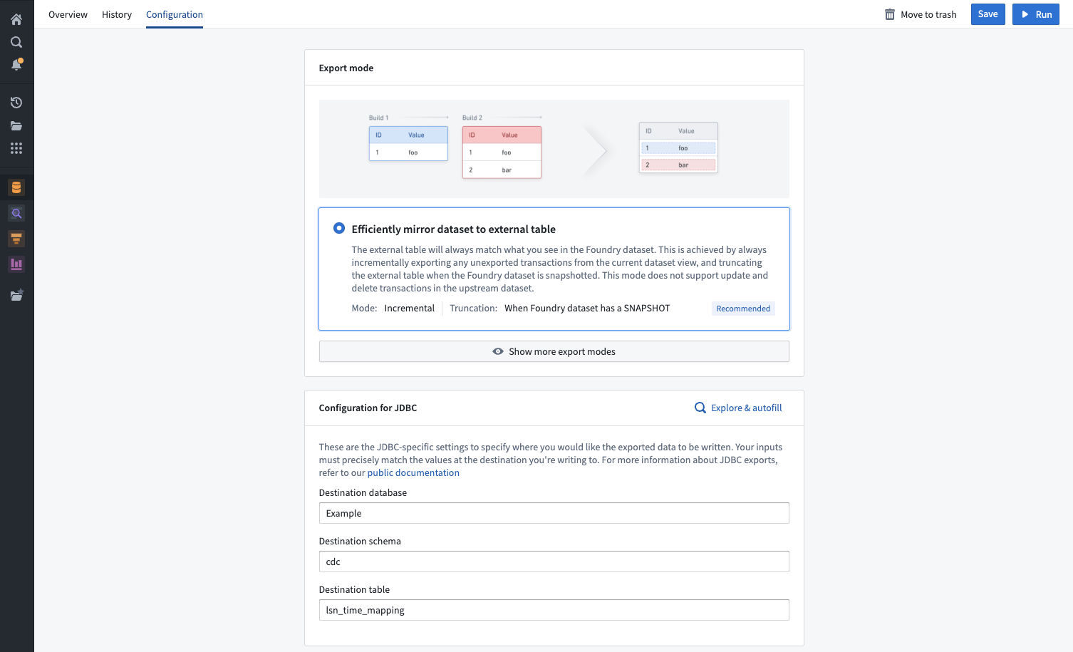 On the configuration page users see a form that allows them to input the names for the destination table, schema, and dataset