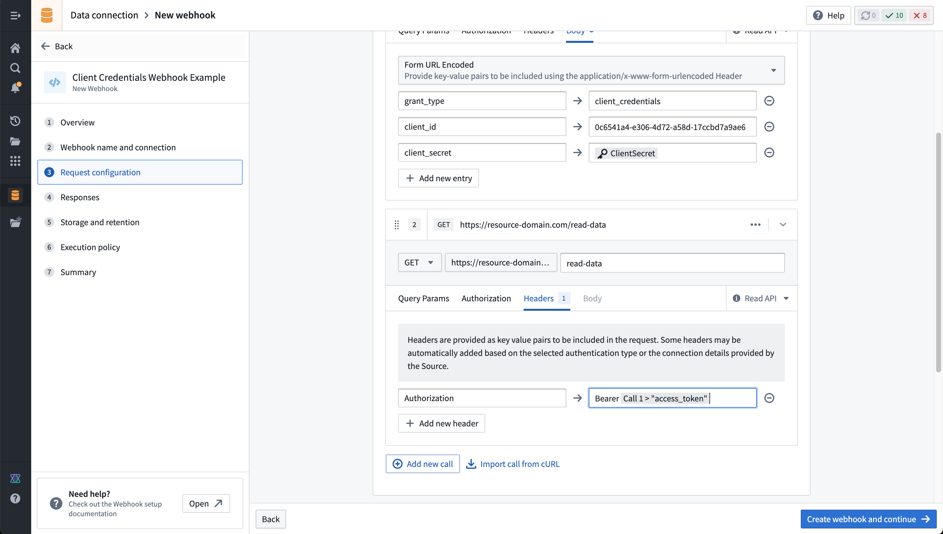 A completed example REST API webhook configuration for doing an OAuth 2.0 client credentials workflow.