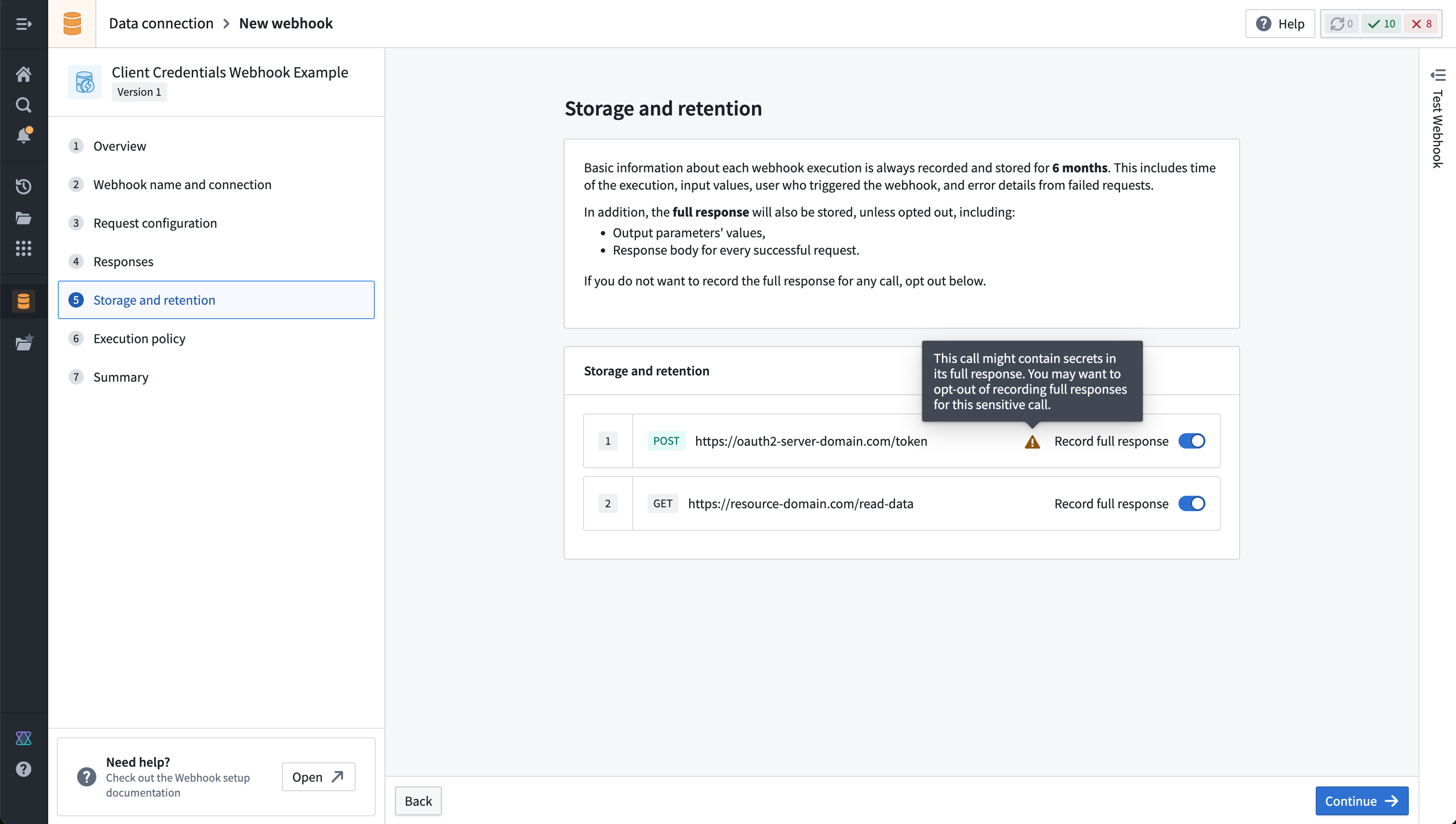 The storage and retention options for a fully configured Webhook, including a warning pop-up suggesting to avoid storing the response of the call to the token endpoint.