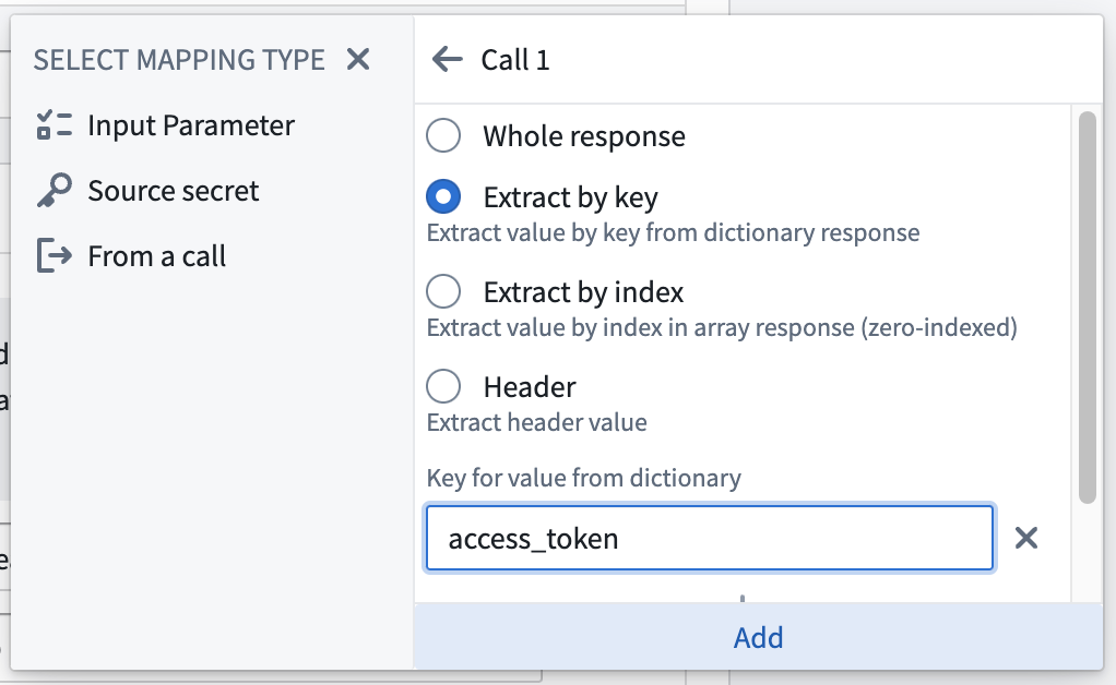 The parameter input dialog showing how to select the access token returned from the first call in order to reference it in the header of the second call.