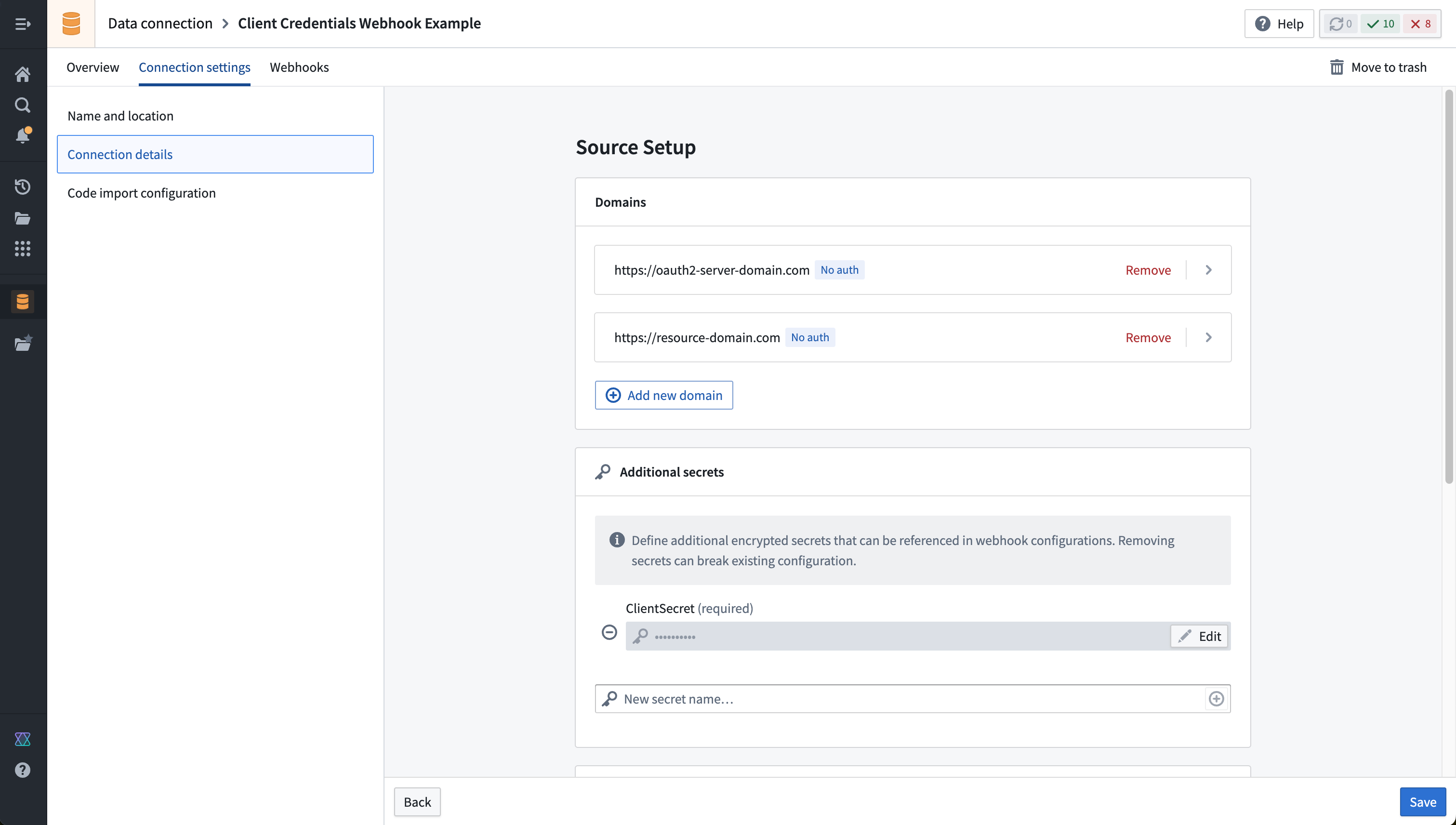 A completed example REST API source configuration for doing an OAuth 2.0 client credentials workflow.