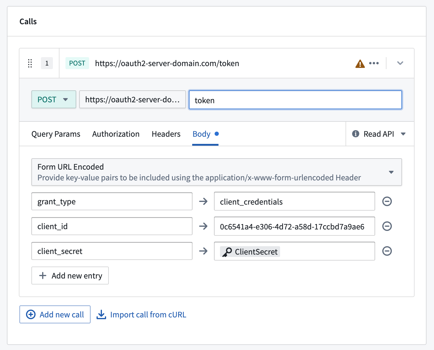 An example webhook call configuration showing the first call to the token endpoint.