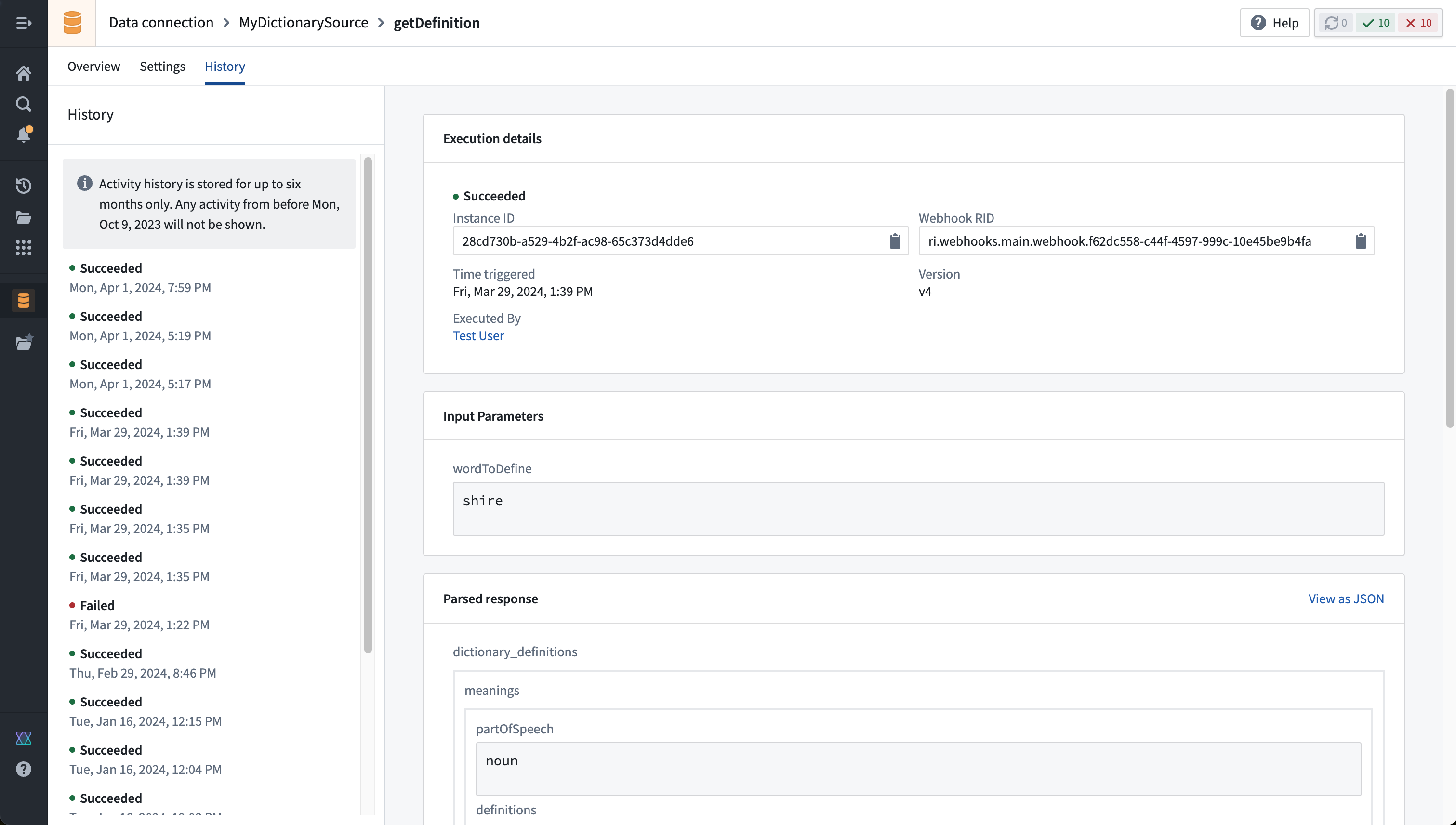 Webhooks history view showing a single successful webhook execution with input parameter and parsed response