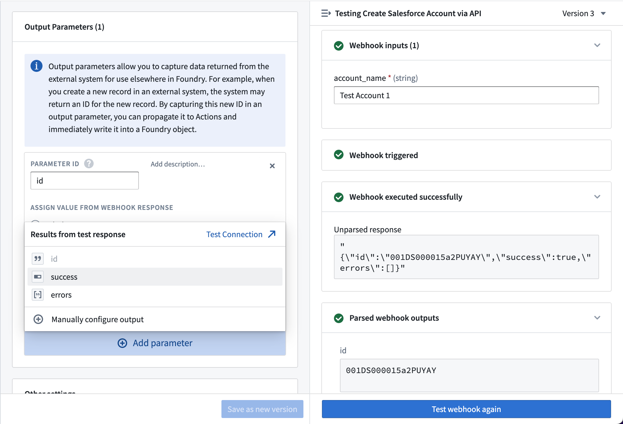 Webhook output parameters automatically provided based on test response