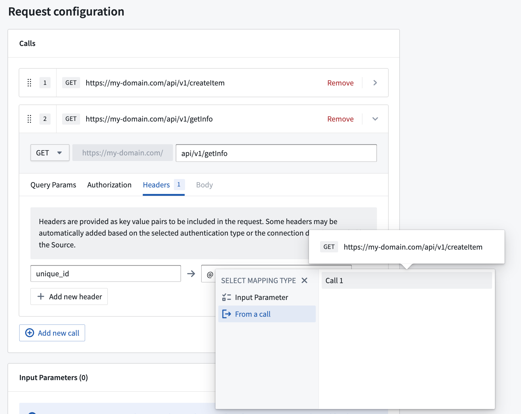 Webhook output parameters configured inline in successive call