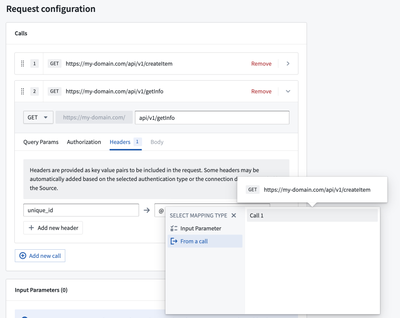 Webhook output parameters configured inline in successive call