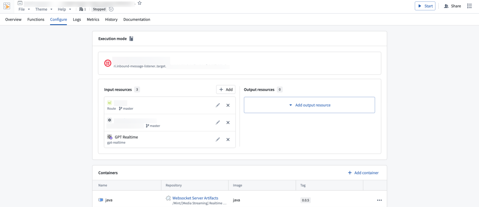 The compute module configuration page linked to a WebSocket listener.