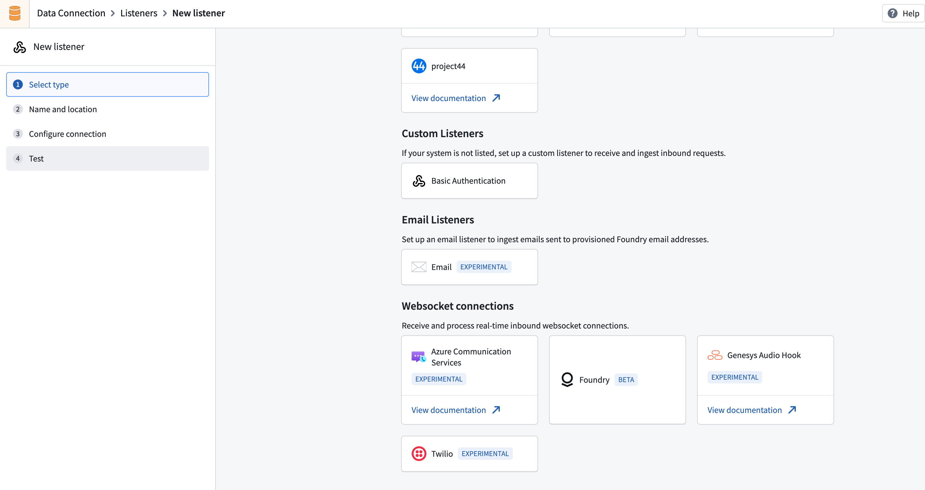 The listener selection page showing available WebSocket connectors.