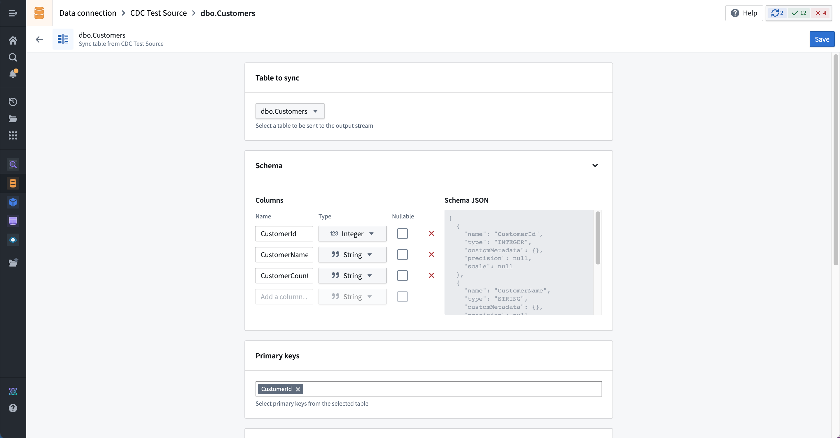 The new sync configuration page, with sections to edit the tables, schema, and primary key.