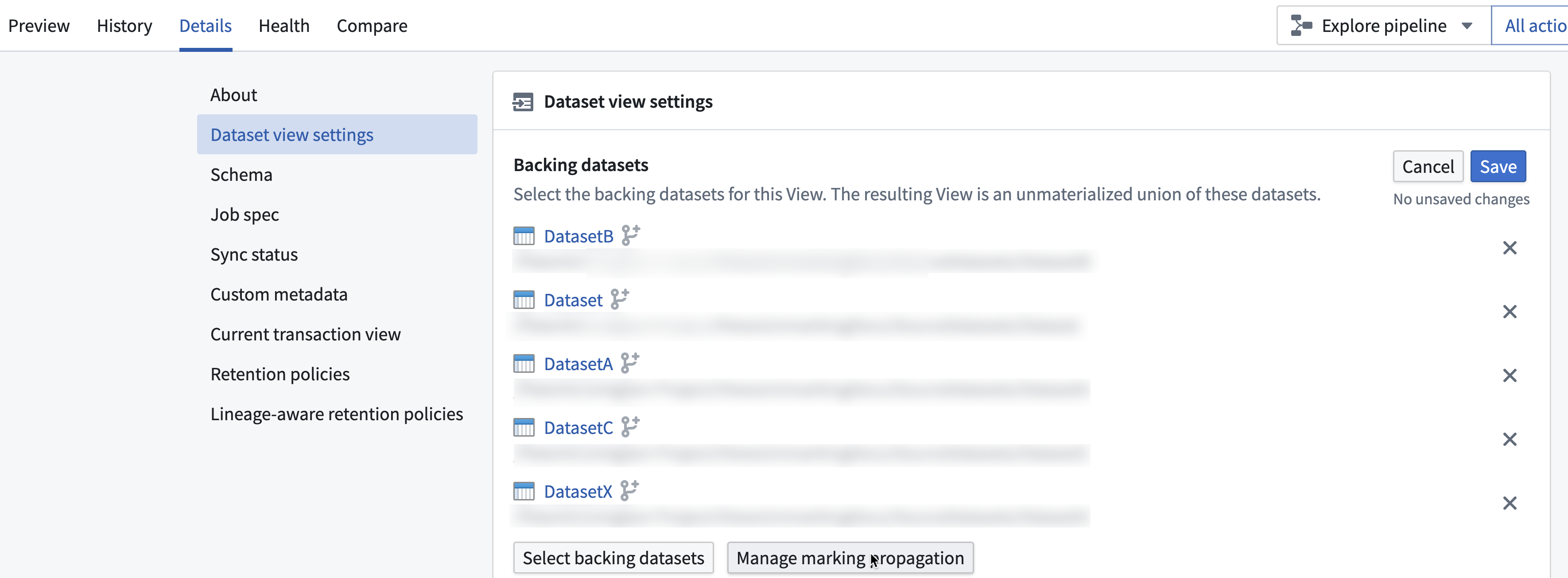 Edit dataset View settings.