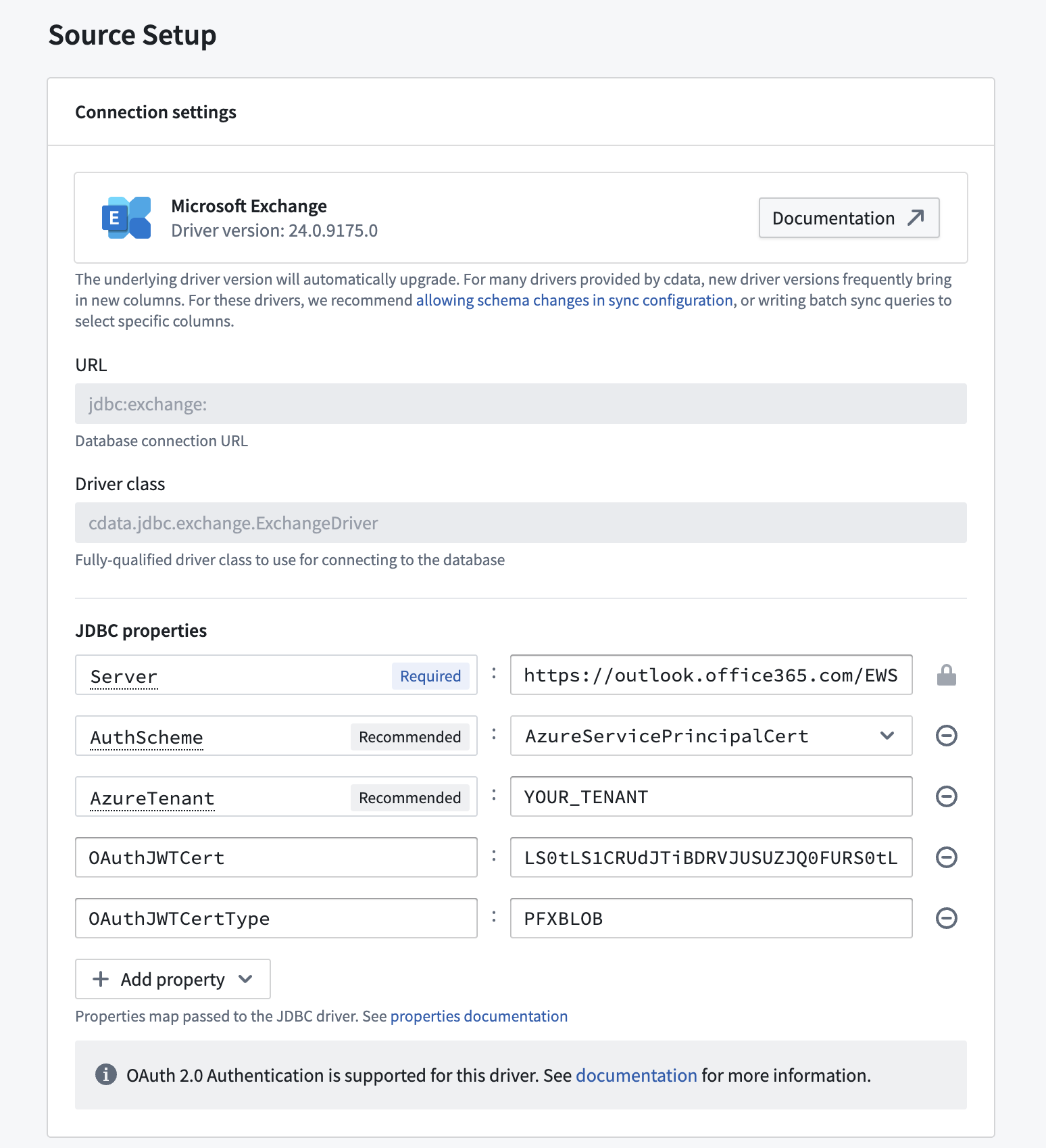 Microsoft Exchange driver with private certificate authentication configured.
