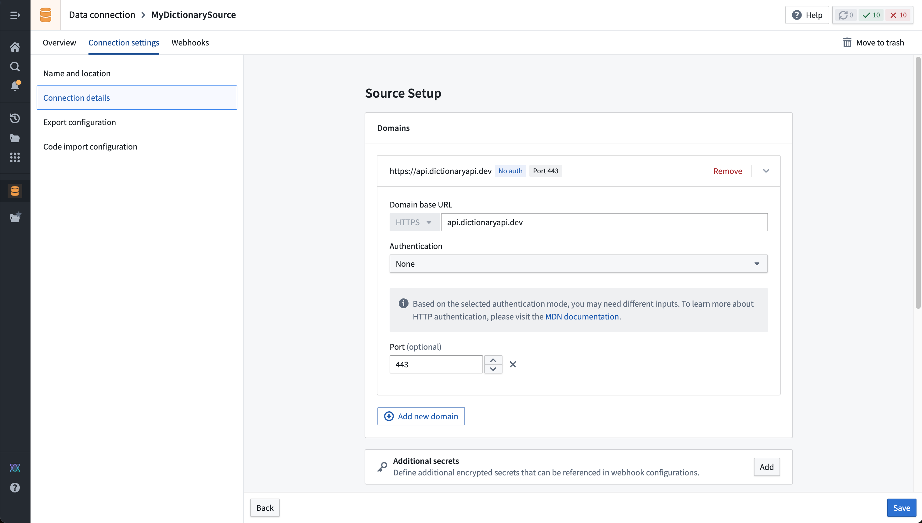 REST API source creation page showing configuration to connect to api.dictionaryapi.dev without any authentication