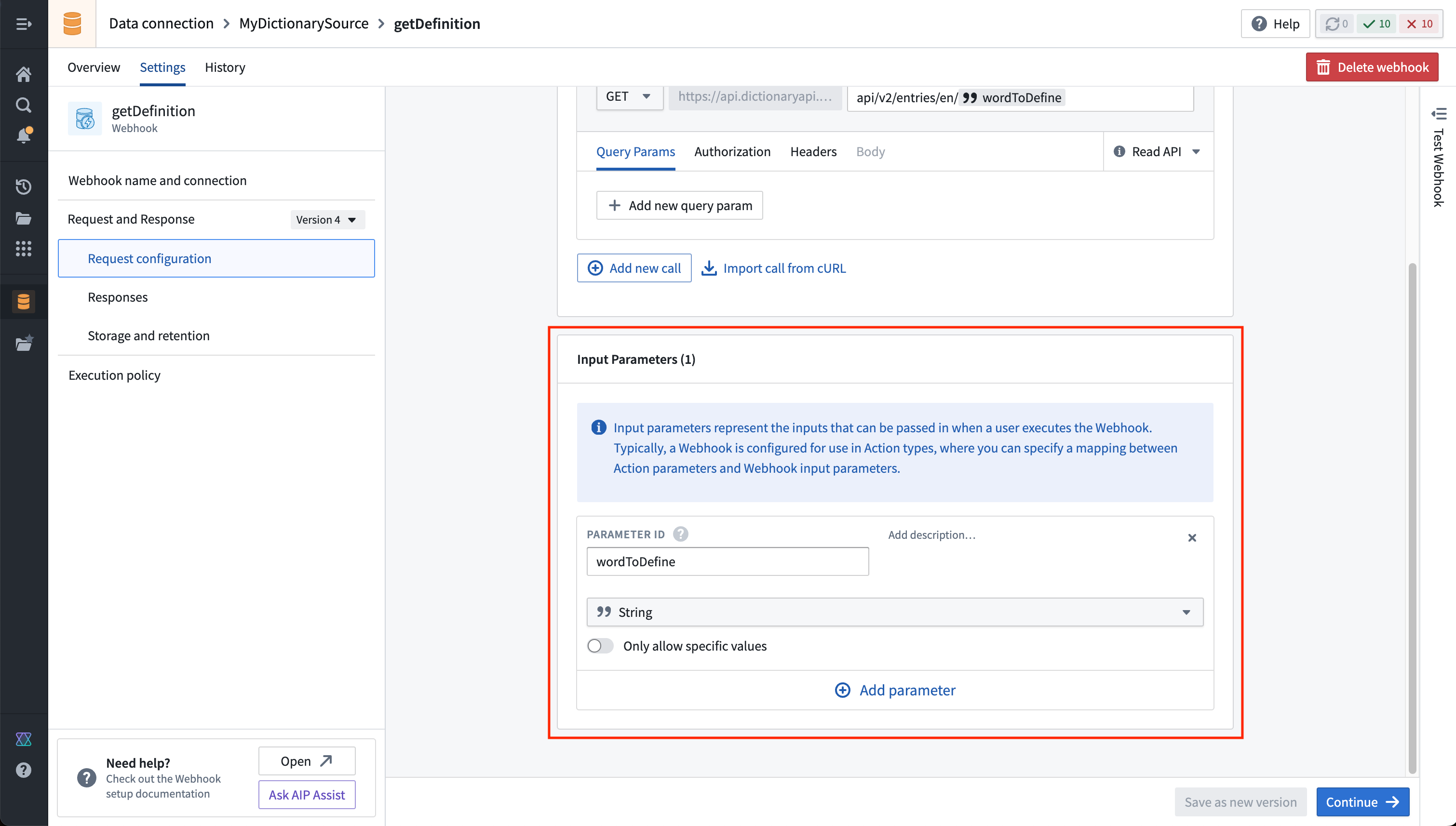 The webhook configuration screen within the API source in Data Connection.