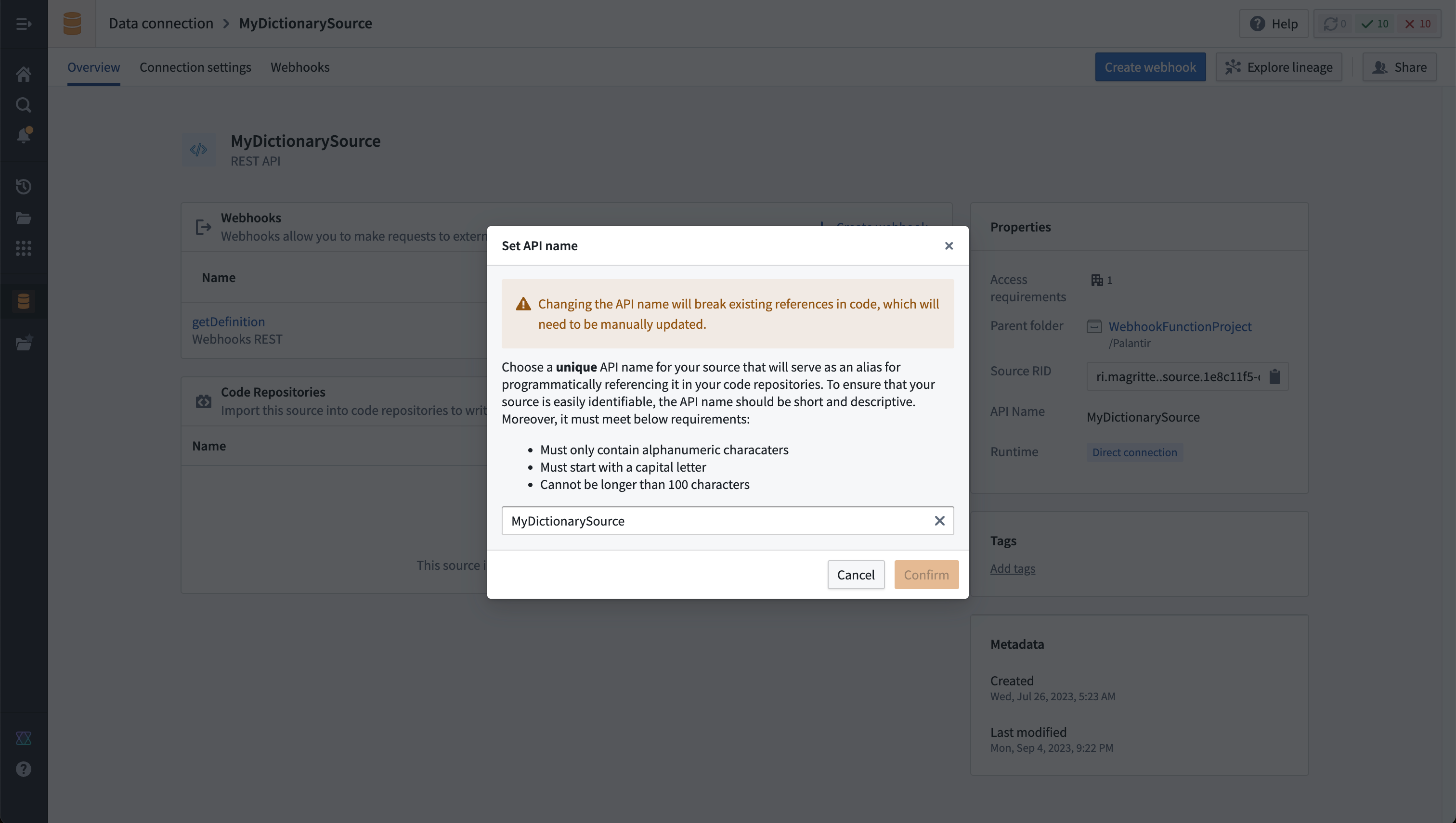 Dialog for setting the API name of a source, showing an API name of MyDictionarySource