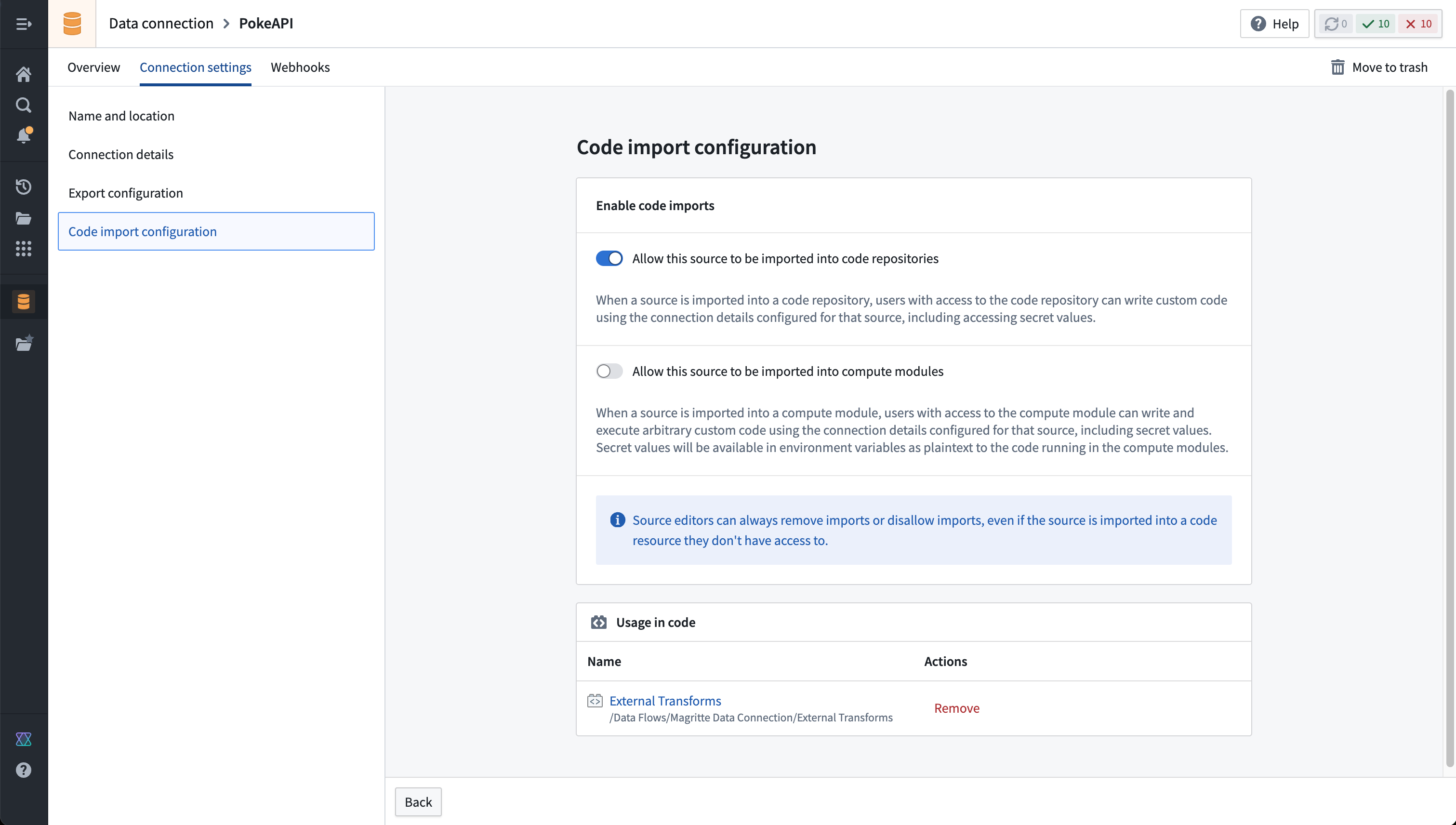 PokeAPI source configuration options in data connection, showing the panel for code import configuration with code imports toggled on.