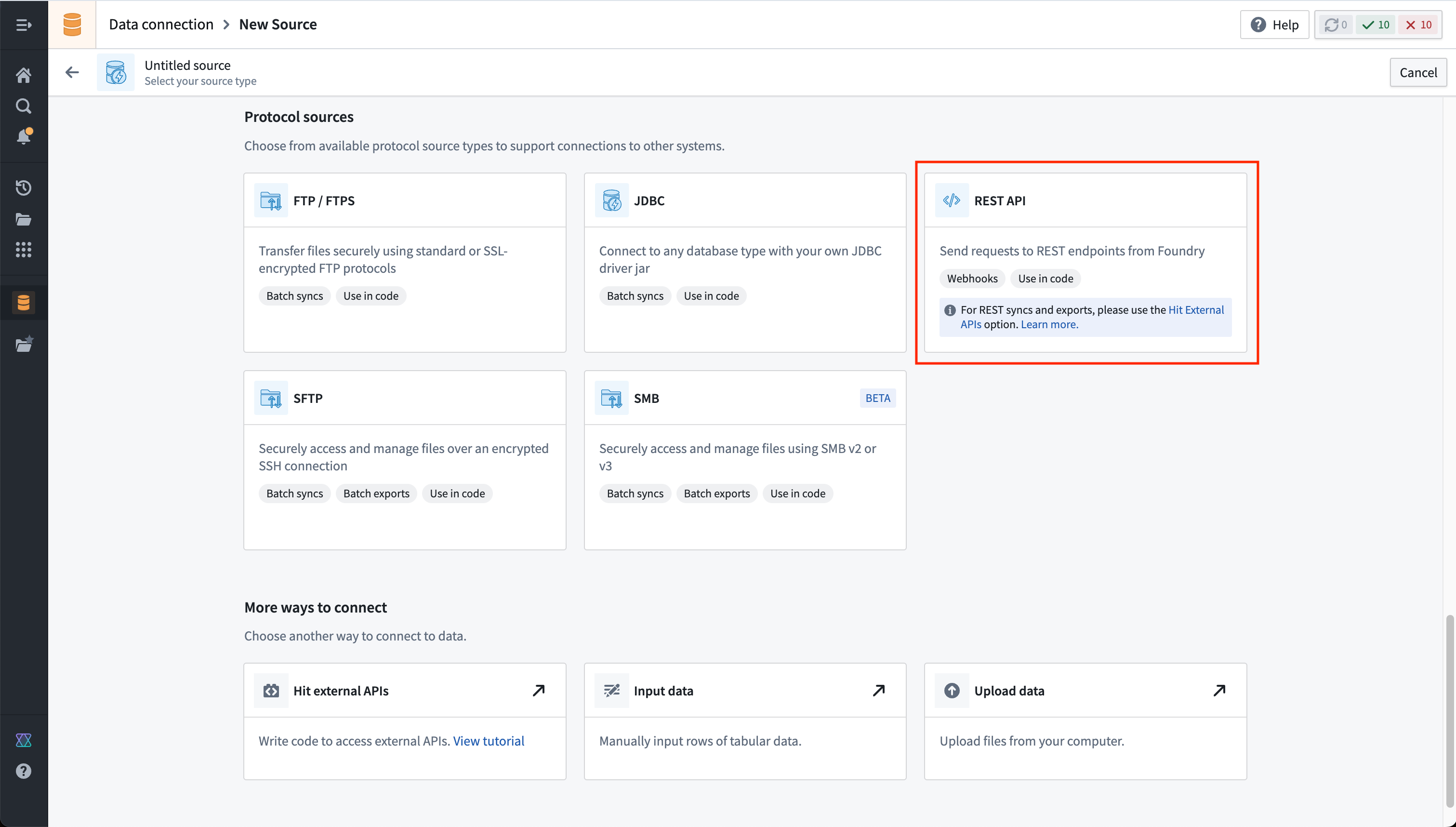 Data connection new source page with a red box around the REST API card