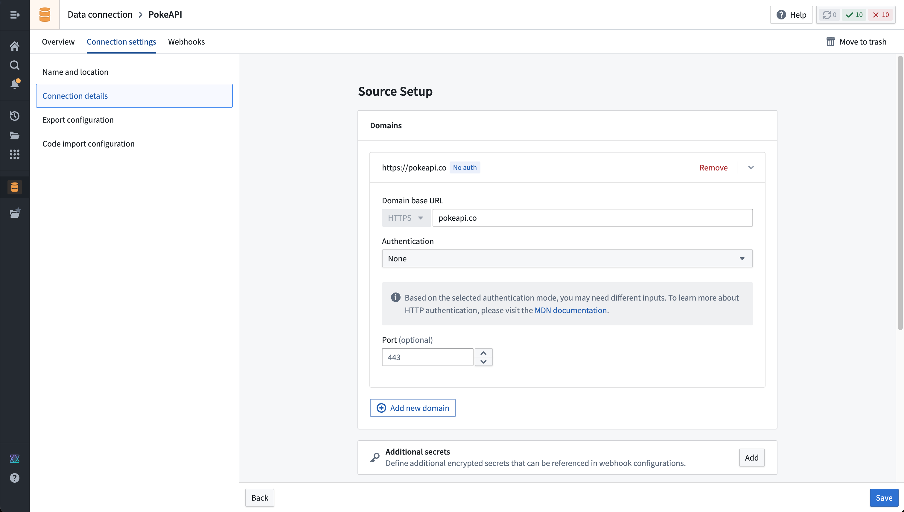 REST API source creation page showing configuration to connect to pokeapi.co without any authentication