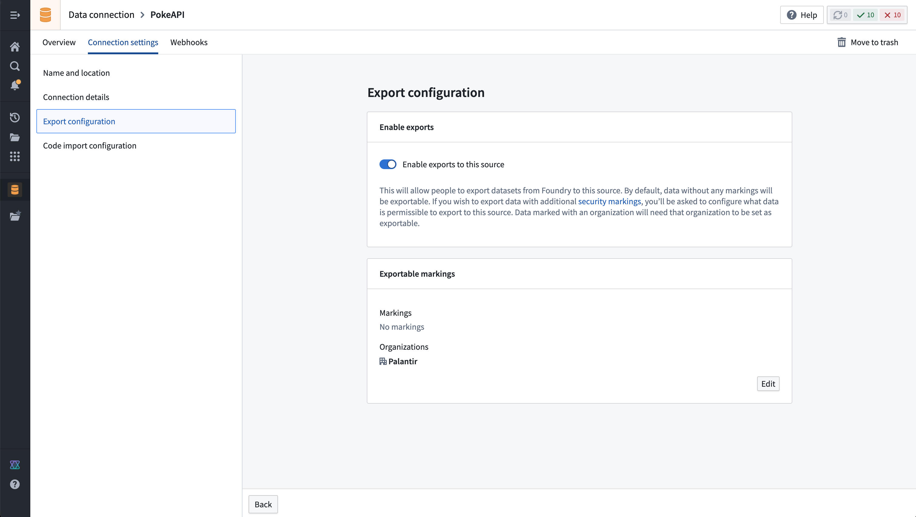 Data connection settings showing the export configuration for pokeAPI source with enable exports to this source toggled on