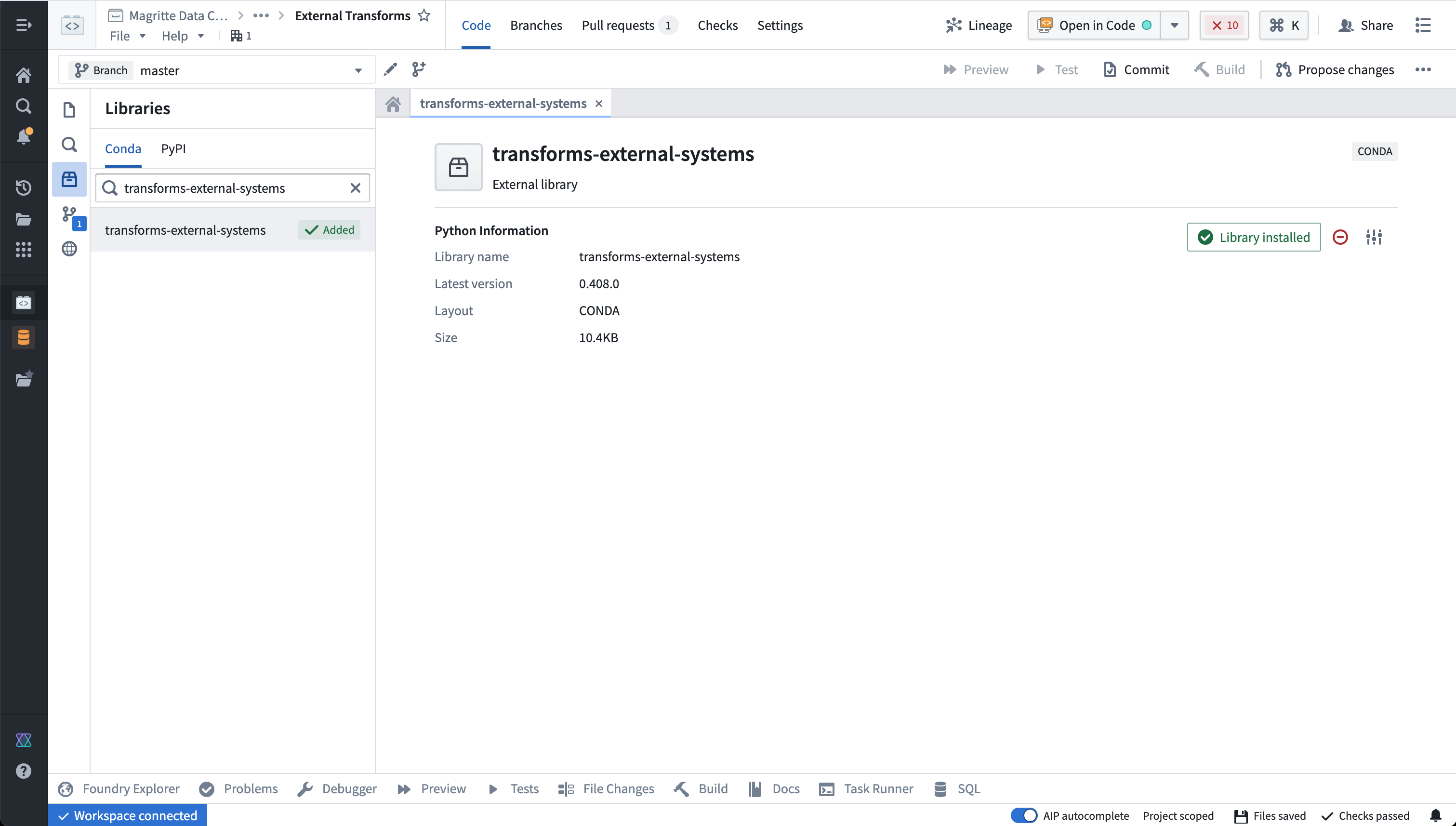 Code repository showing the transforms-external-systems library installed.