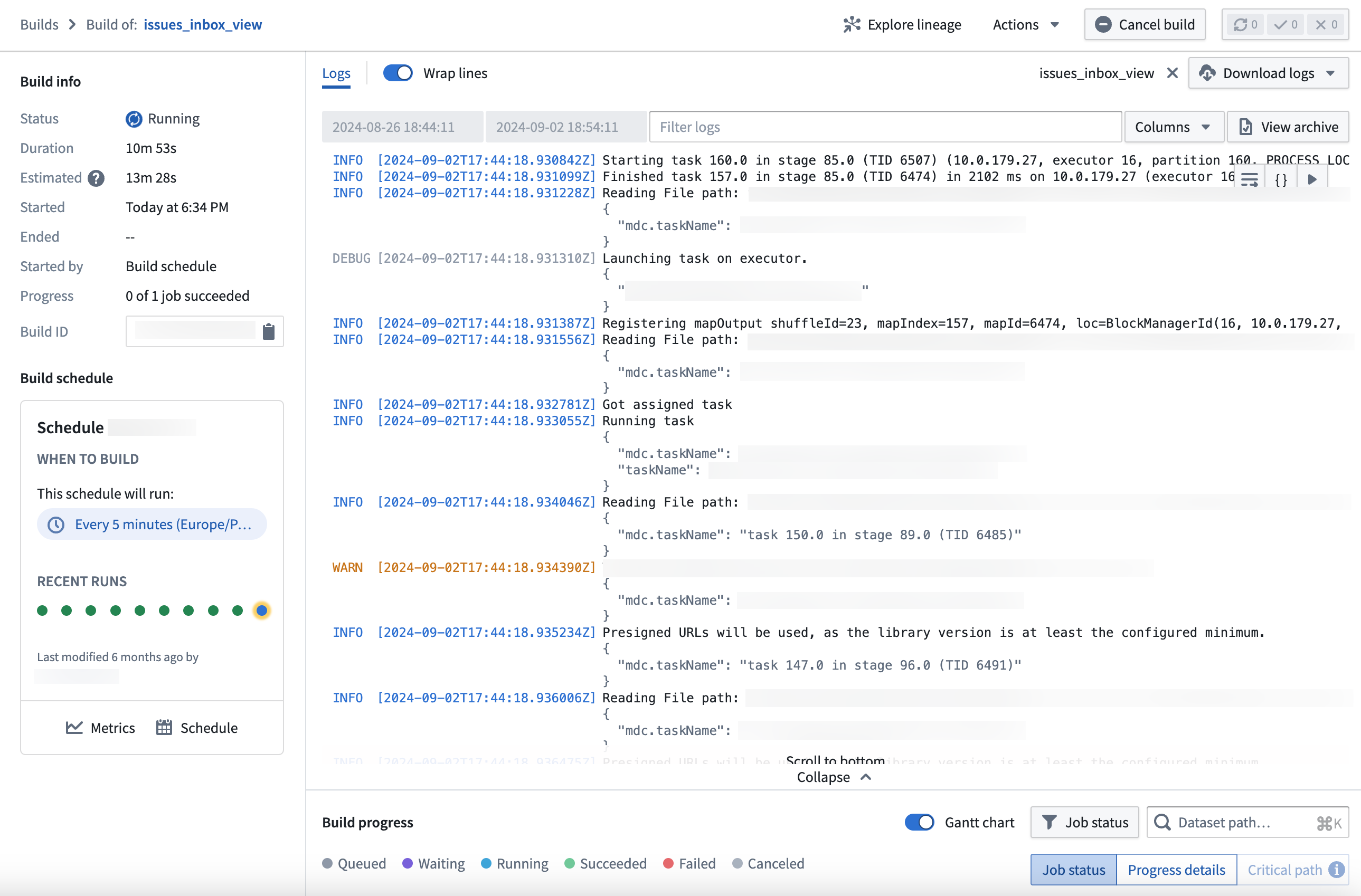 The live logs view in the Builds application.