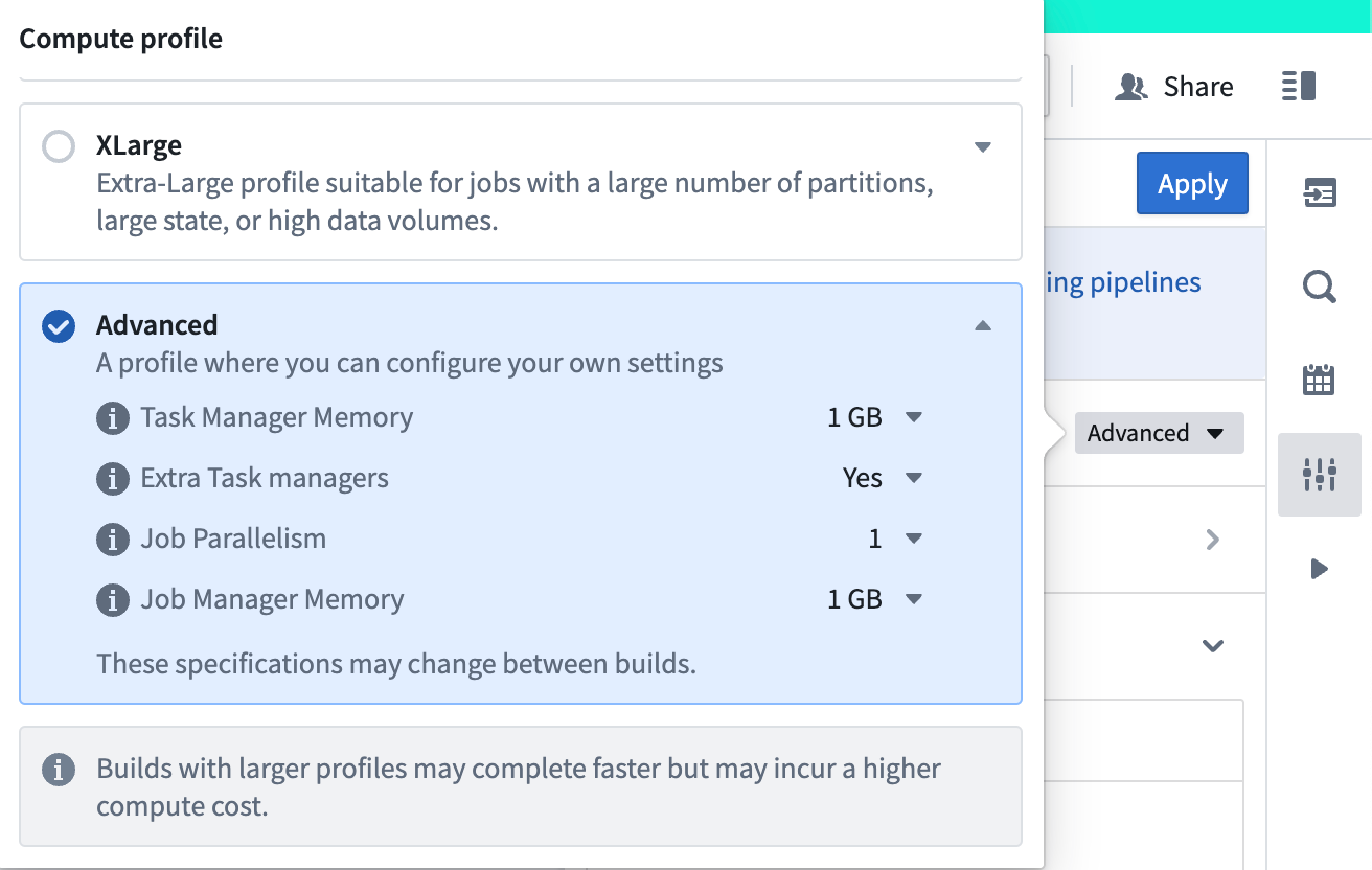 Screenshot of Pipeline Builder Advanced Flink profile.