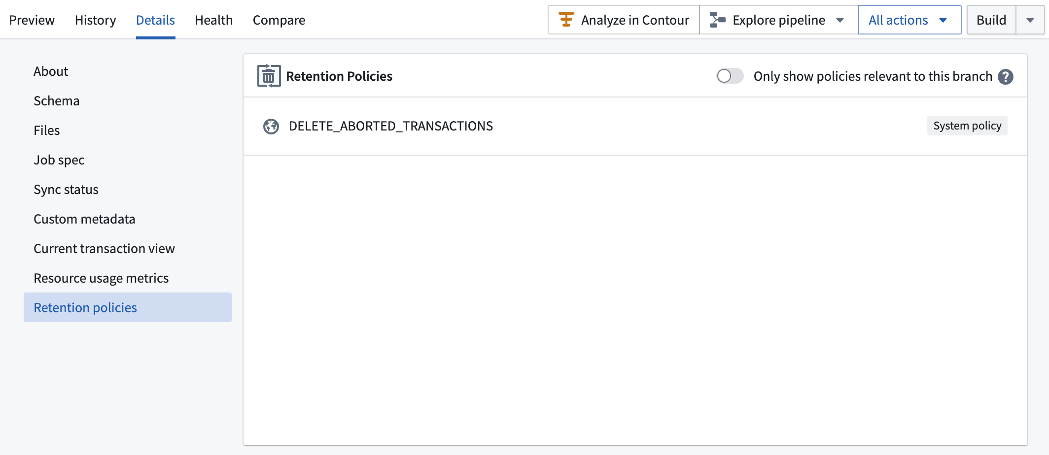 Retention policies section screenshot