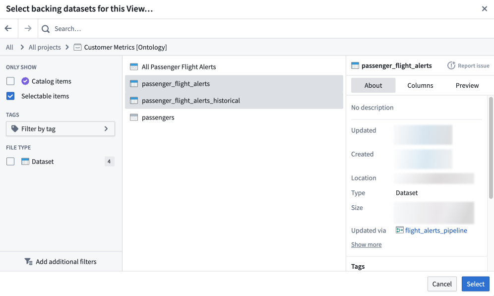 Select backing datasets for a View.